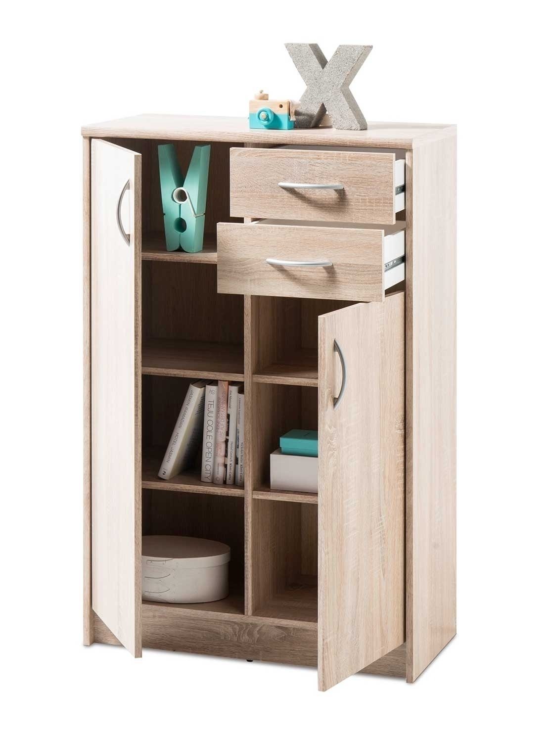 Kommode OPTIMUS, Eiche Sonoma Dekor, B 74 cm x H 112 cm, 2 Türen, 2 Schubladen