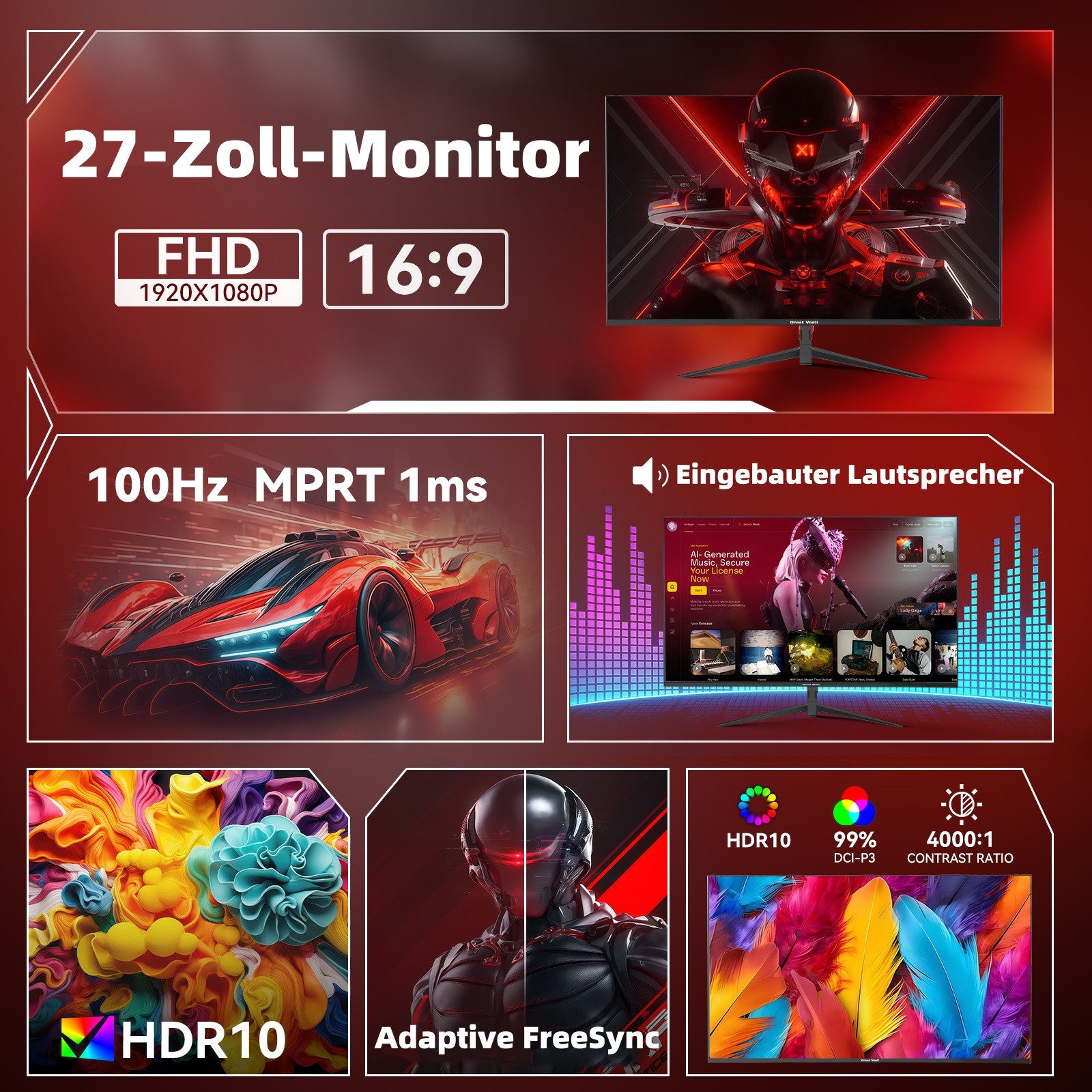 Great Voell Z270B13 FHD Flach Monitor, 100 Hz, Integrierte Lautsprecher, 16:9 Gaming-Monitor (68,6 cm/27 ", 1920x1080 px, FHD, 1 ms Reaktionszeit, 100 Hz, VA LED, HDR10, Eingebauter Lautsprecher, Flacher Gaming & Home Office Monitor)
