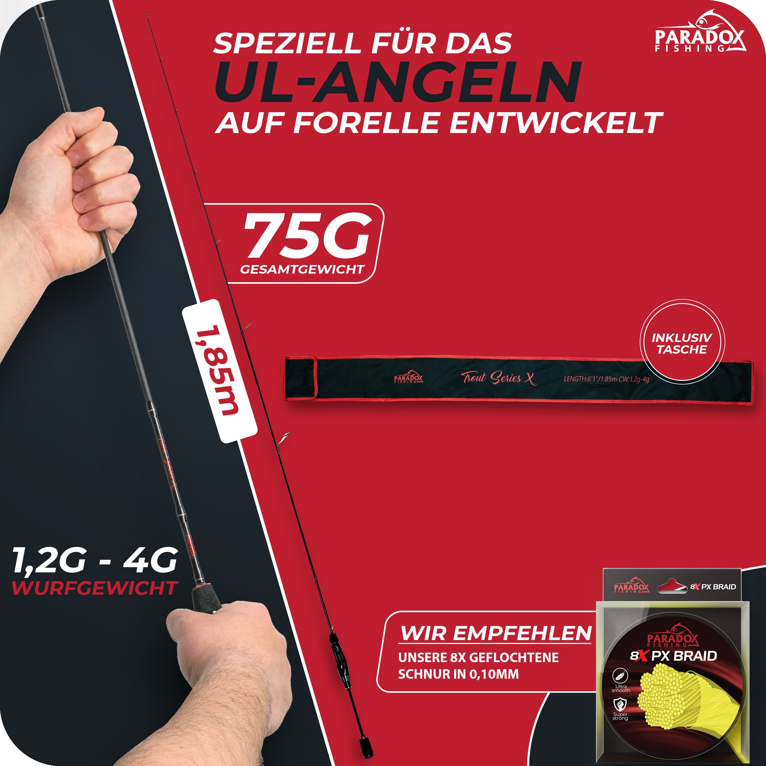 Paradox Fishing Spinnrute Trout Series X, (Rute + 1000 Rolle), UL-Rute, 1,85m 1,2-4g