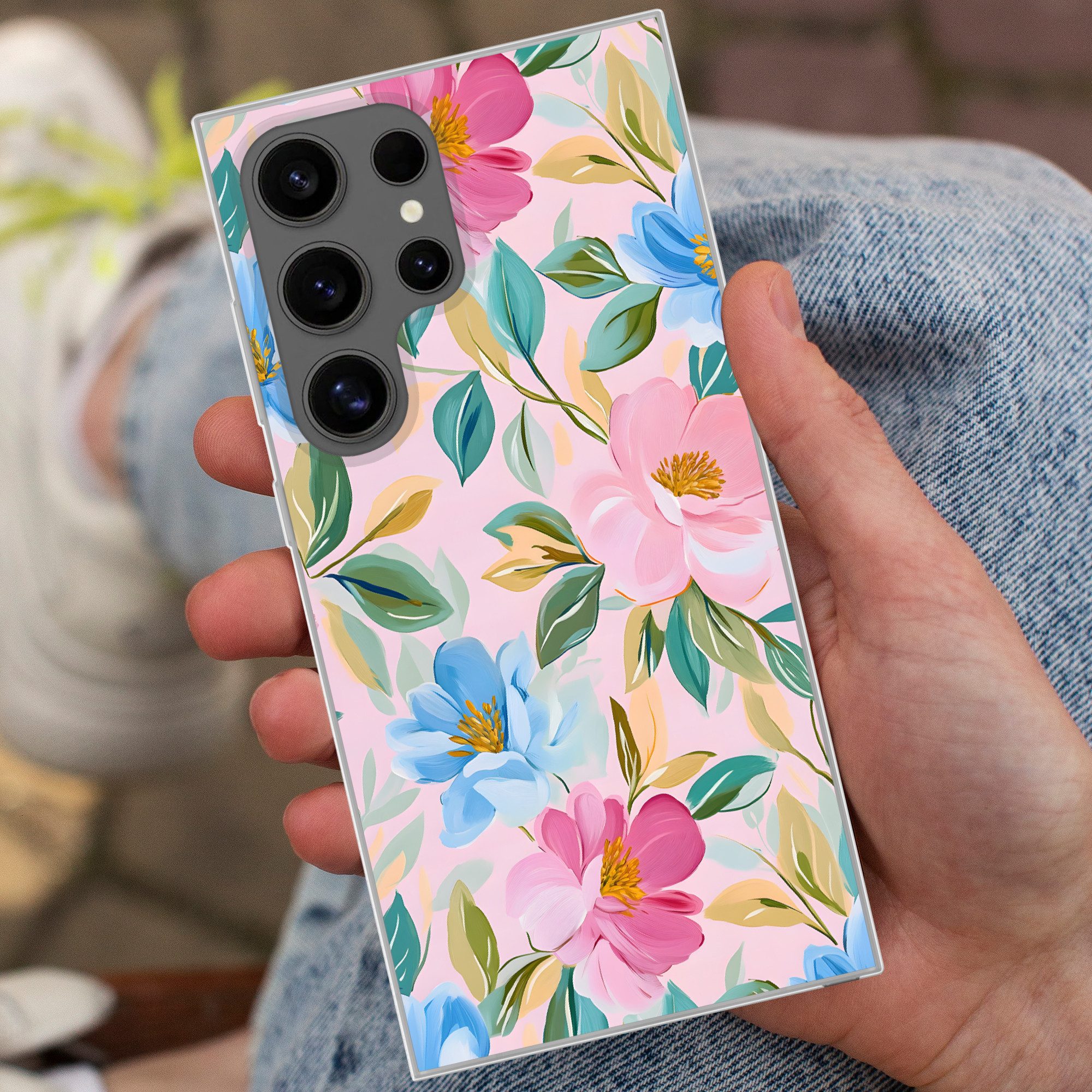 MuchoWow Handyhülle für Samsung Galaxy S24 Ultra Blau - Rosa - Blumen, Phone Case, Silikon, Schutzhülle Dünn