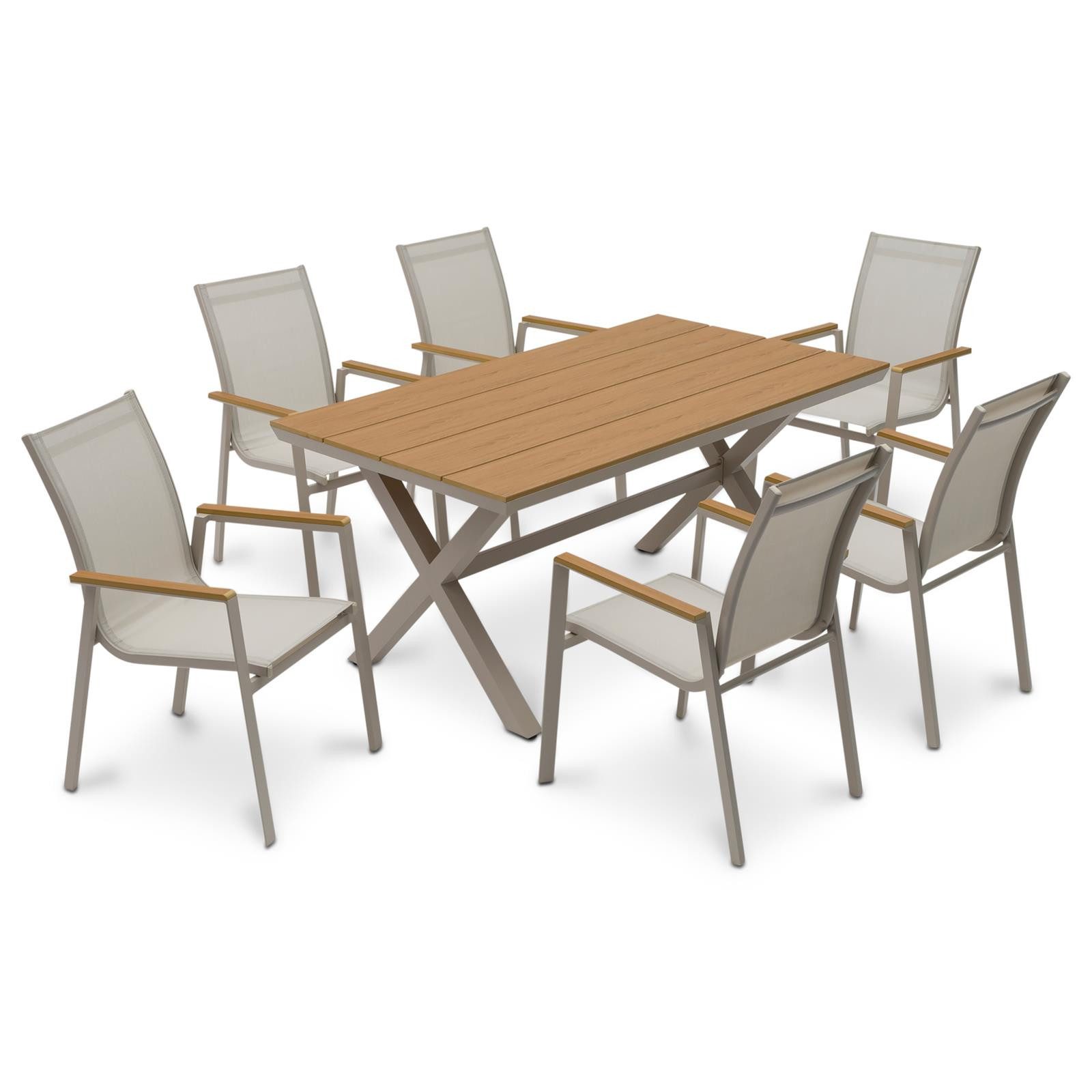 IDIMEX Garten-Essgruppe WINDY, (7-tlg), Gartenmöbel Set 6 Personen aus Alu und WPC wetterfest Kaschmir