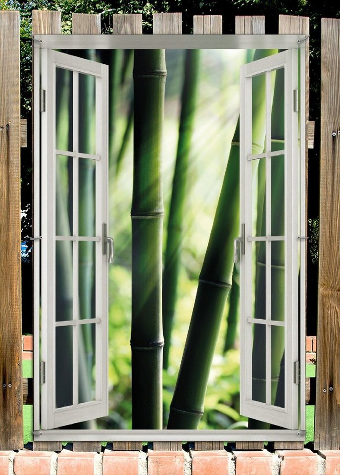 Thumbnail - Wallario Sichtschutzzaunmatten Bambuswald und Sonnenstrahlen, mit Fenster-Illusion