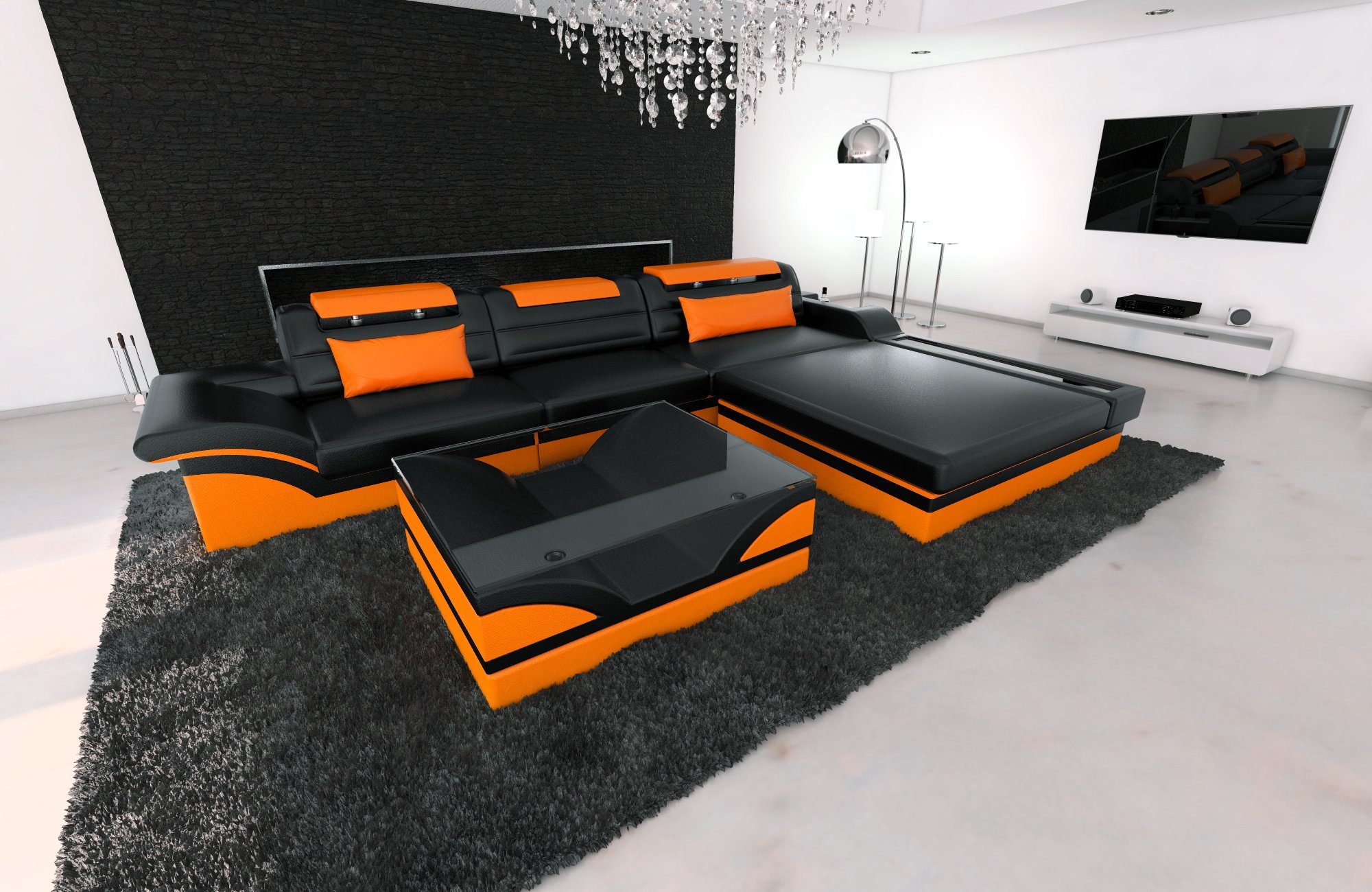 Parma Schlafsofa, wahlweise Couch, L Leder LED, Designersofa mit Ledercouch Ledersofa, Form Bettfunktion als Sofa Ecksofa Sofa Dreams mit