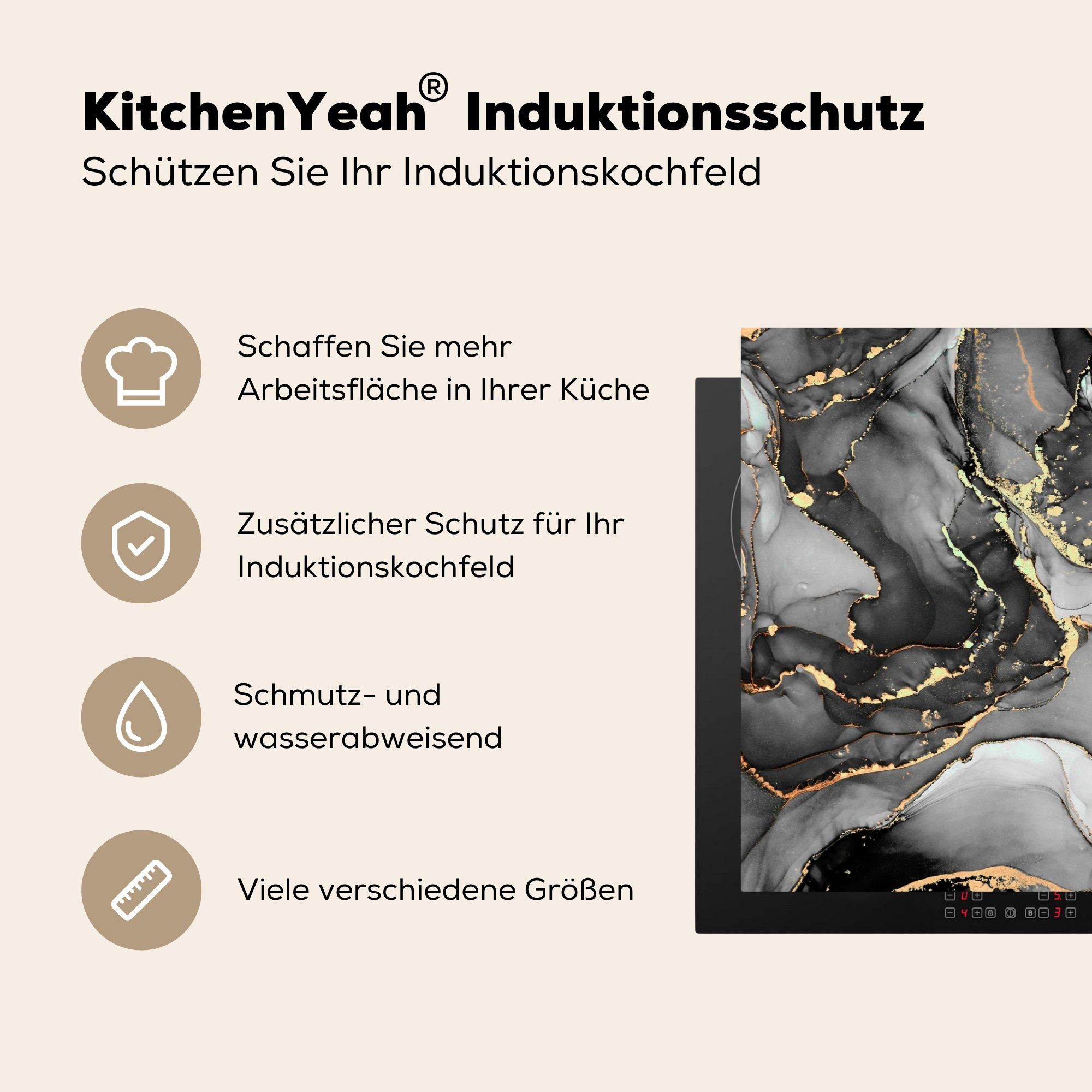 cm, Ceranfeldabdeckung für - Gold - Vinyl, Marmor Induktionskochfeld Schutz Herdblende-/Abdeckplatte Schwarz 81x52 (1 - die Grau, küche, MuchoWow tlg),