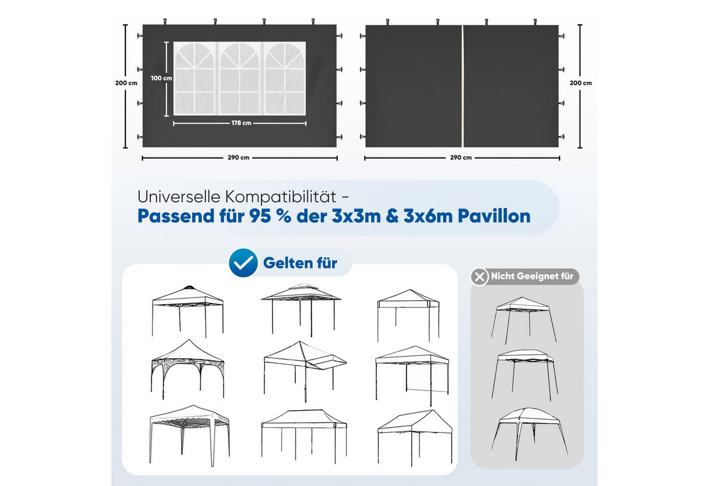 Thumbnail - Sekey Pavillonseitenteil 2er Set Pavillon Seitenteile Seitenwand für Faltpavillon 300 x 300 cm, Mit Reißverschluss, mit ...