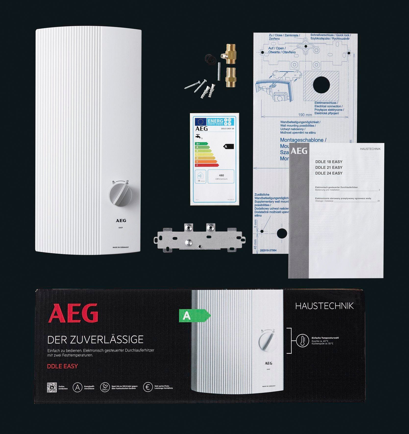 AEG Haustechnik Komfort-Durchlauferhitzer DDLE EASY 21 kW, guter Warmwasserkomfort, elektronisch, min. 42 °C, max. 55 °C, zwei feste Temperatureinstellungen für Dusche und Spüle