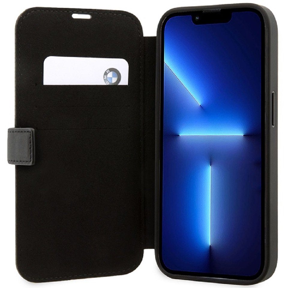 BMW Handyhülle Bookcase iPhone 14 Pro Echtleder schwarz aufstellbar 6,1 Zoll, Kantenschutz