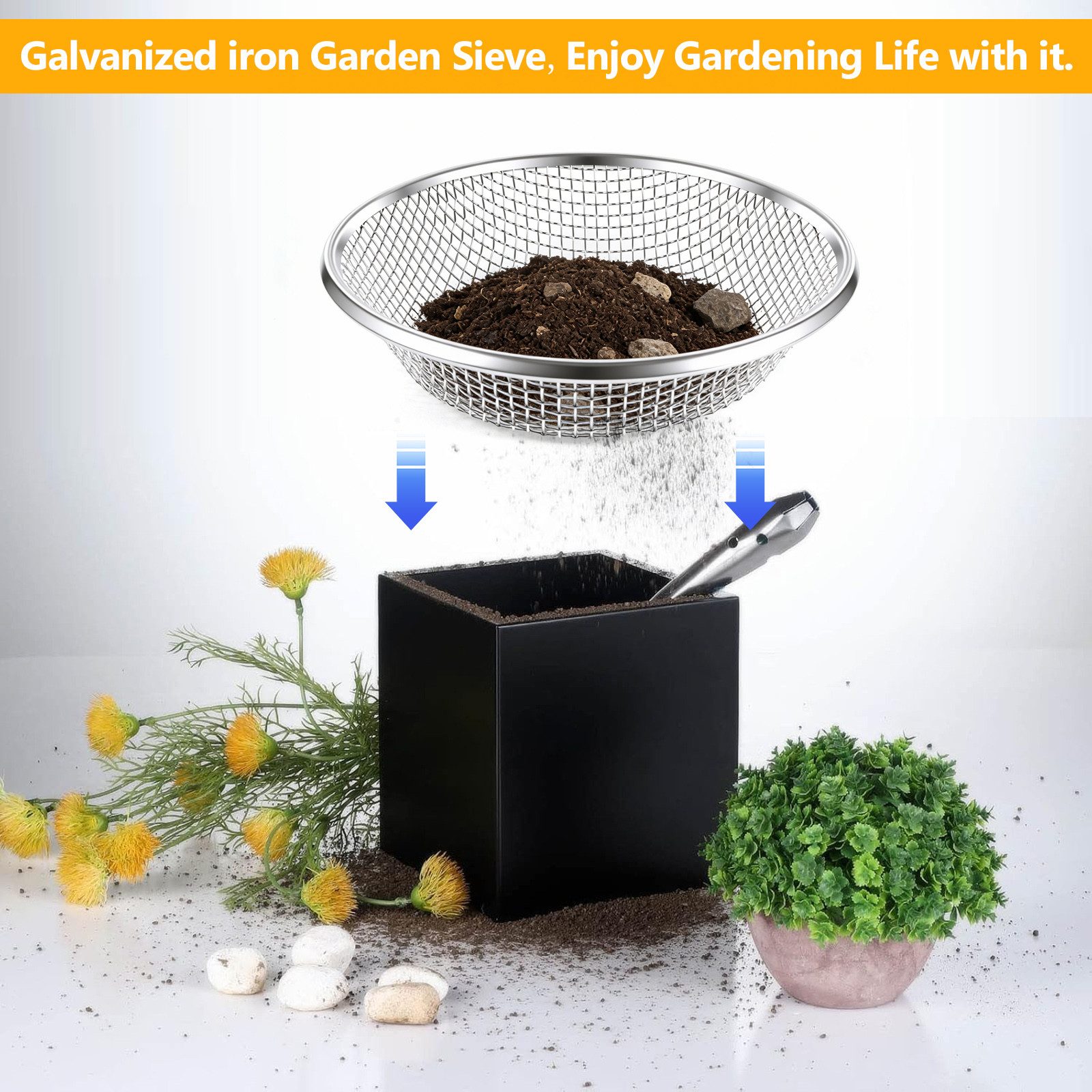BlingBin Gartensieb 3mm, 6mm, 10mm Kompostsieb aus Edelstahl für Erde, Kompost, Saatgut, Edelstahl, (3er Set, 3-St., Produktabmessungen: 30 × 30 × 6,8 cm), Rundes Erdsieb Sandsieb Durchwurfsieb für Gartenarbeit & Kompostieren