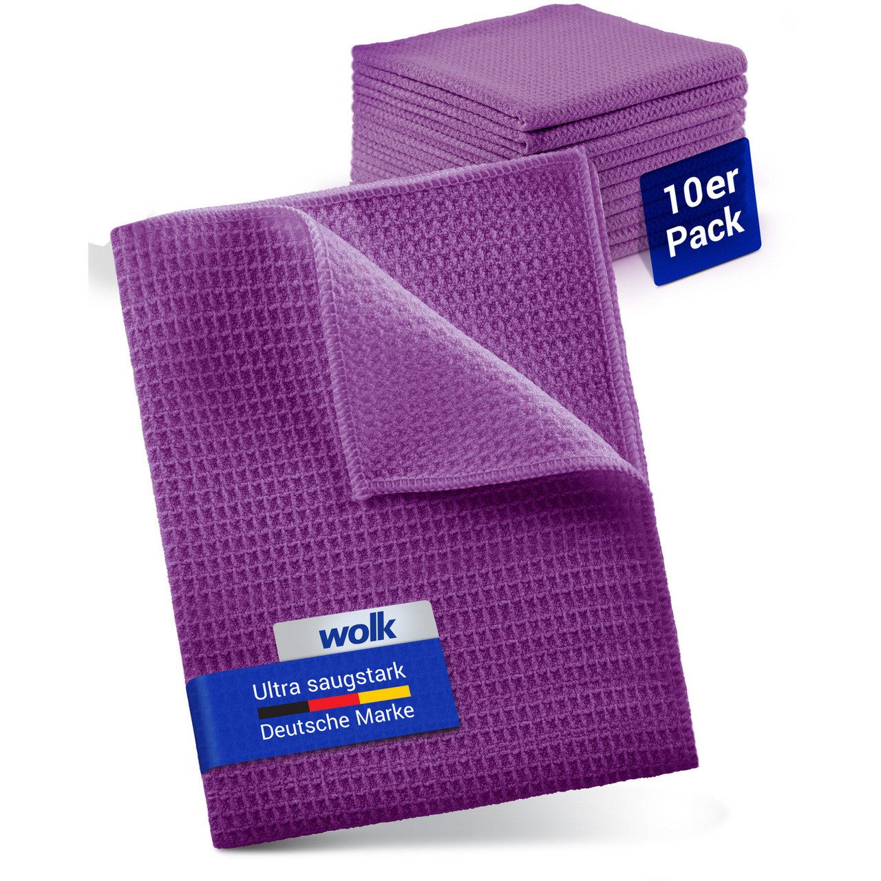 wolk Mikrofasertuch mit Waffelstruktur in lila - Reinigungstuch (Polyester, 38x38 cm, 10er-Set, hygienisch auf 90° waschbar)
