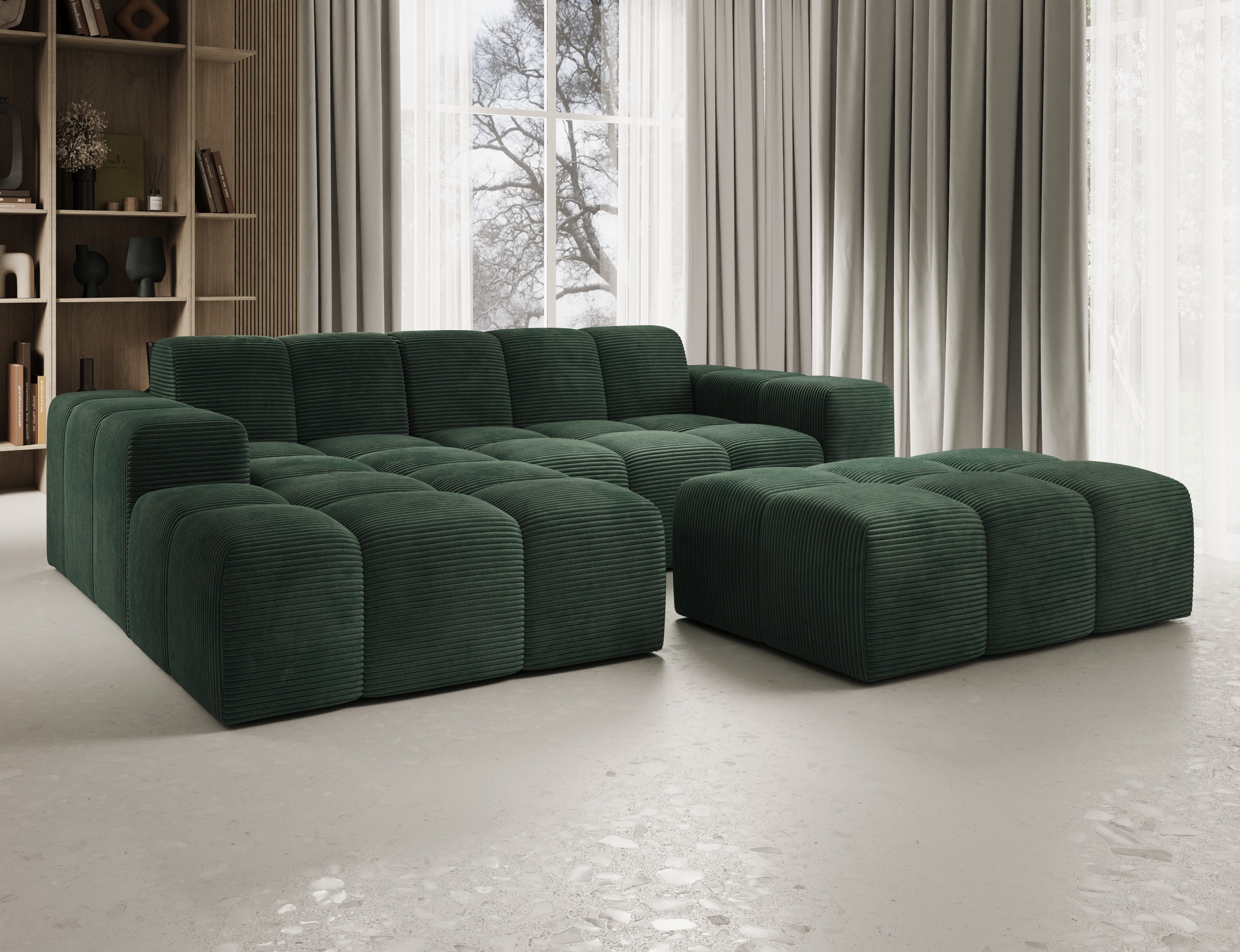 PROMETO Möbel Ecksofa Sofa mit Hocker, Couch L-Form Velours oder Cord-stoff Fogo