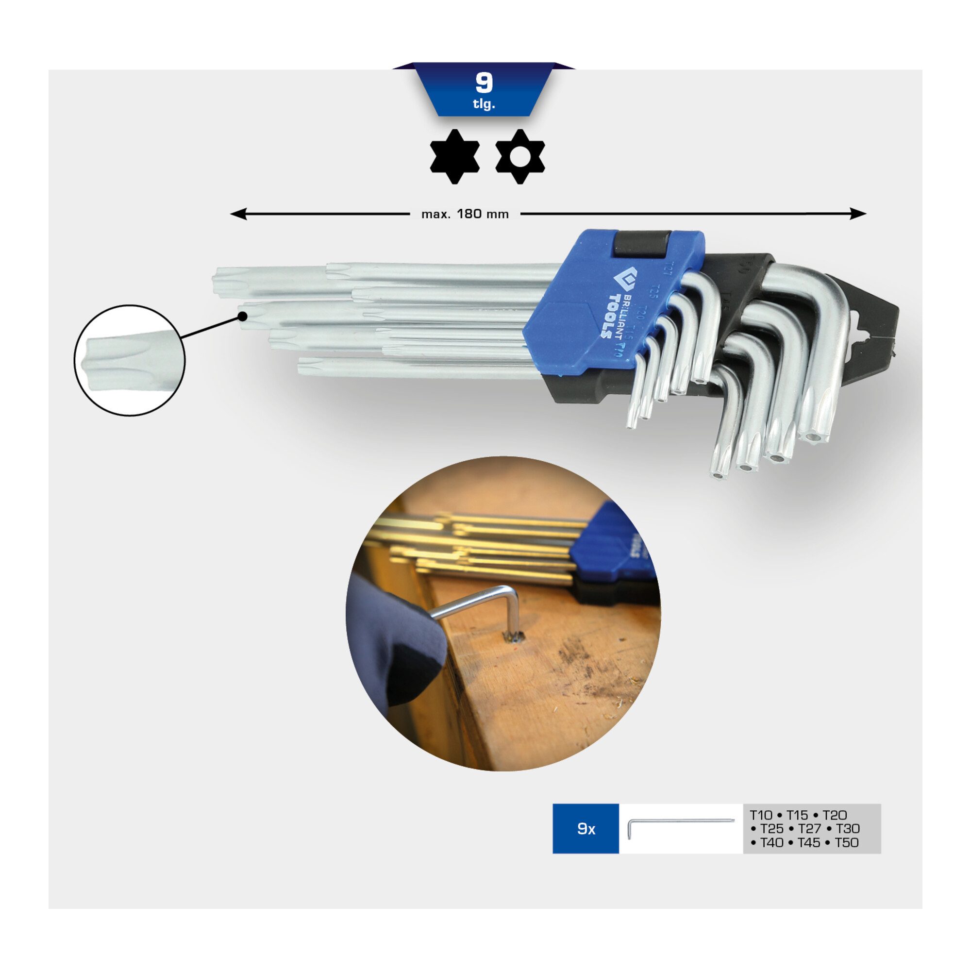 Brilliant Tools Schraubendreher Brilliant Tools Winkelstiftschlüssel-Satz, 9-tlg, TX-Profil, kurz