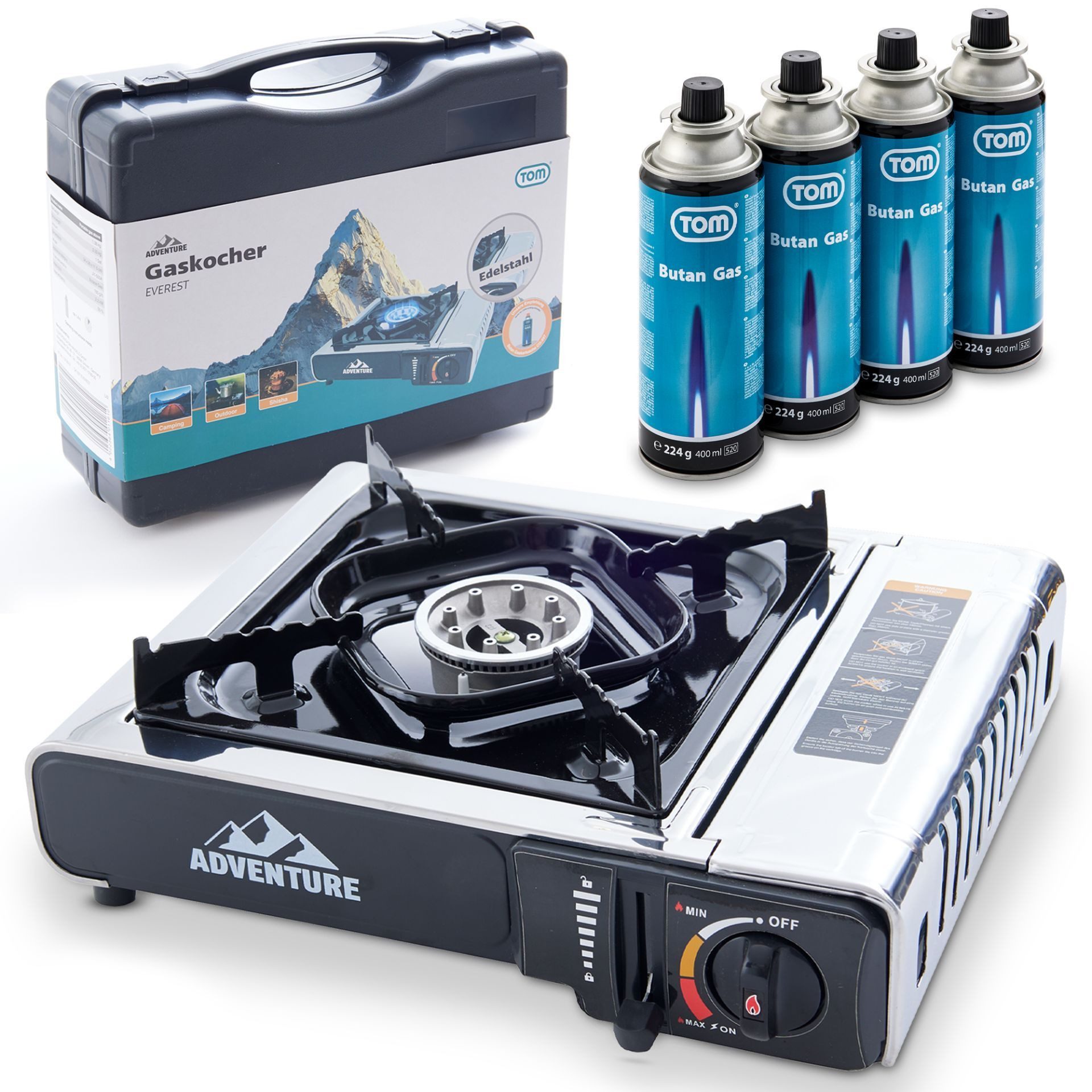 TOM Gaskocher Campingkocher Edelstahl mit 227g Gaskartuschen und Box 2,2kW, (5-St), Piezozündung, Stufenlos Regulierbar, verschiedene Sets