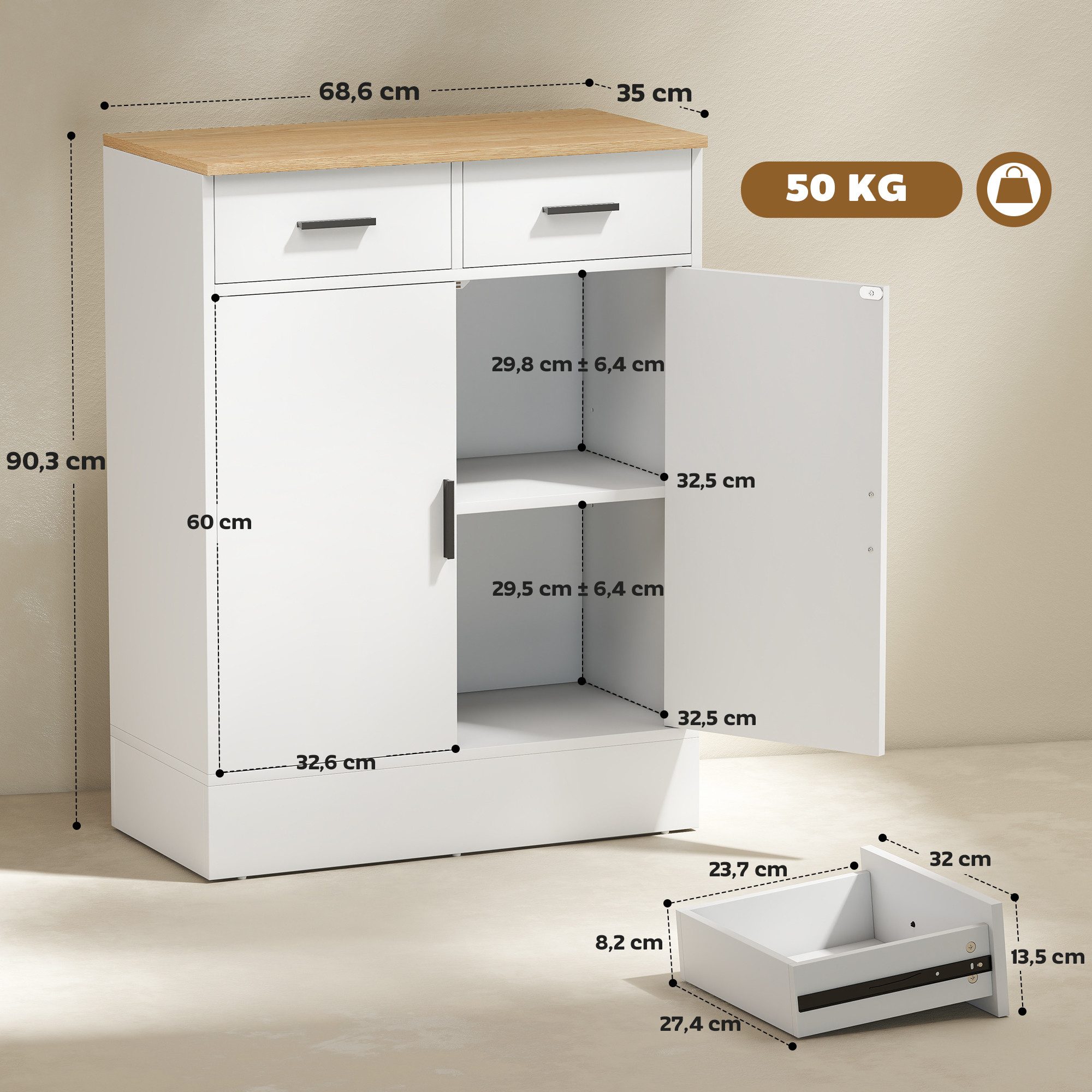 HOMCOM Sideboard Beistellschrank mit 2 Schubladen, 2 Türen (Aufbewahrungsschrank, 1 St., Küchenschrank), mit verstellbarem Einlegeboden, Weiß+Naturholz