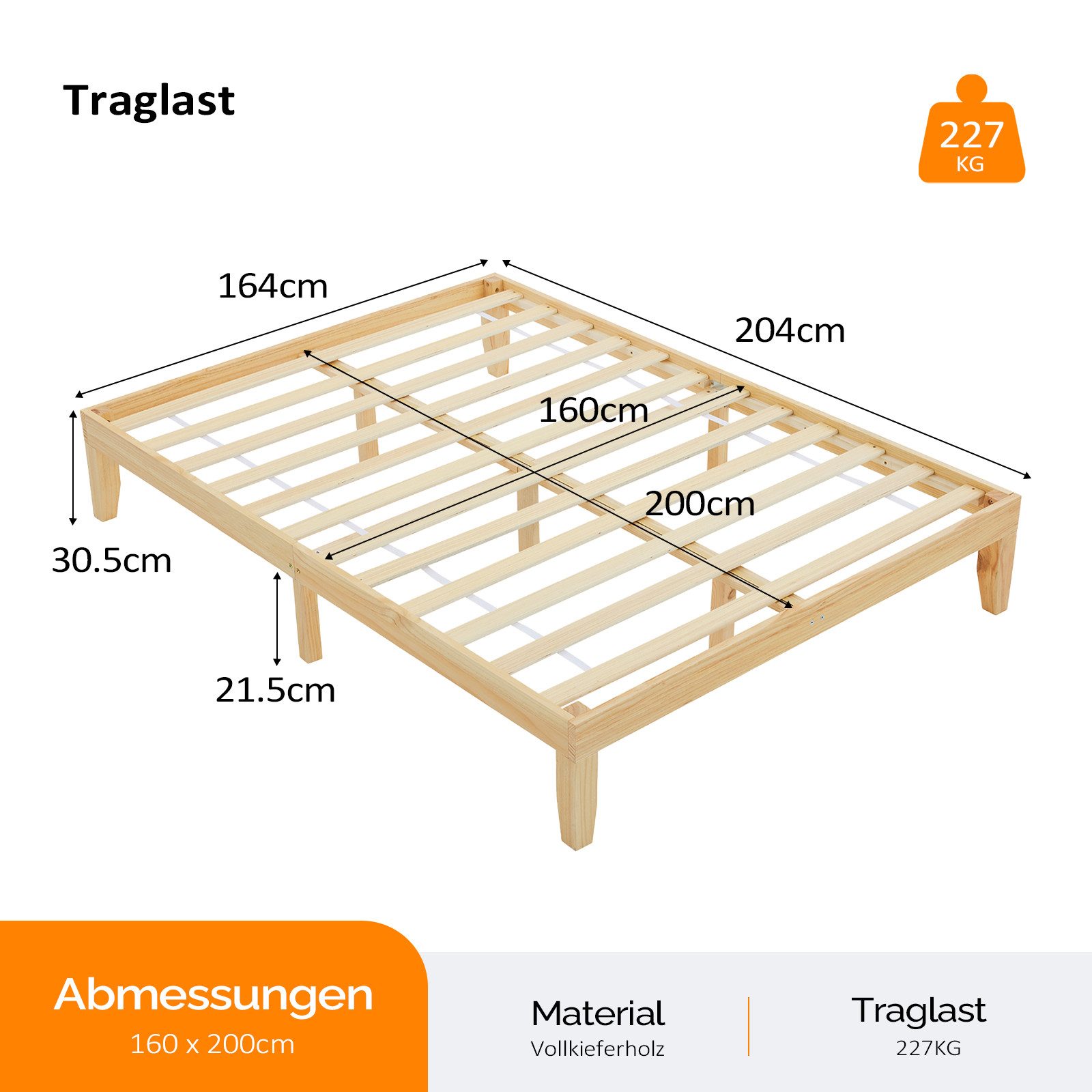 VINGLI Bettgestell 90x200cm/140x200cm/160x200cm, Holzbett mit Lattenrost günstig online kaufen