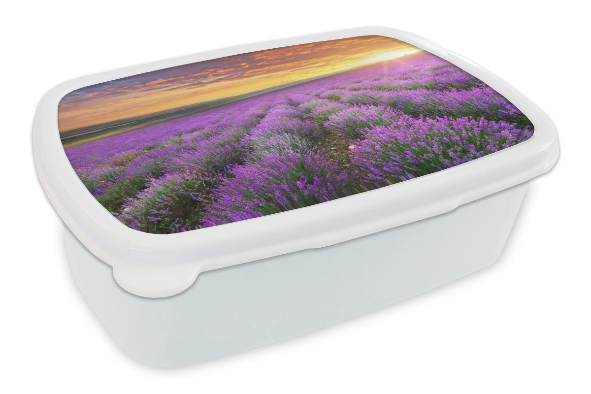 MuchoWow Lunchbox Lavendel - Wolken - Frühling, Kunststoff, (2-tlg), Brotbox für Kinder und Erwachsene, Brotdose, für Jungs und Mädchen weiß