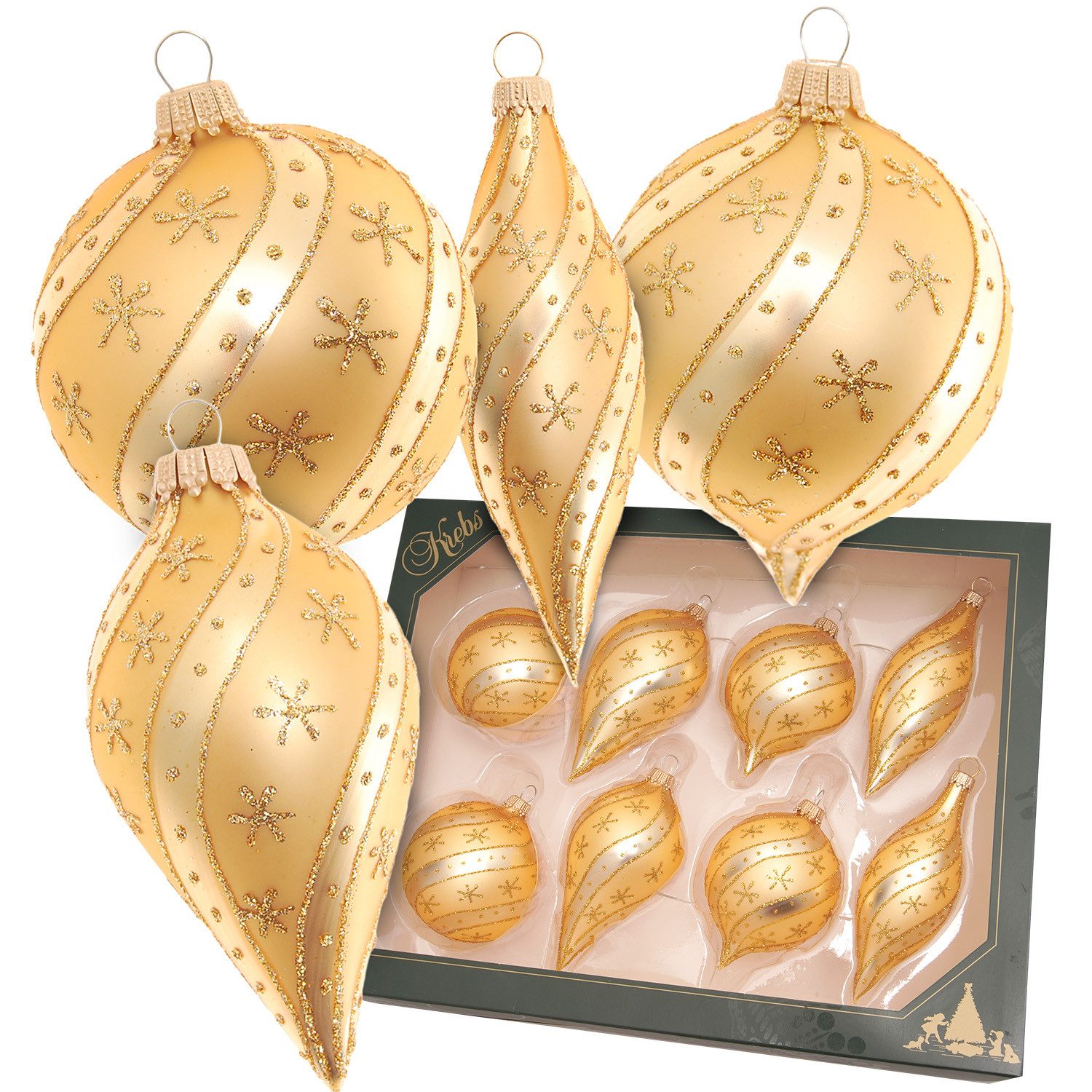 Krebs Glas Lauscha Weihnachtsbaumkugel 8er Set - Kugeln und Tropfen - Ella mit Goldverzierung - ca. 7-10cm, Glasdekoration für die weihnachtlichen Festtage - für festliche Deko