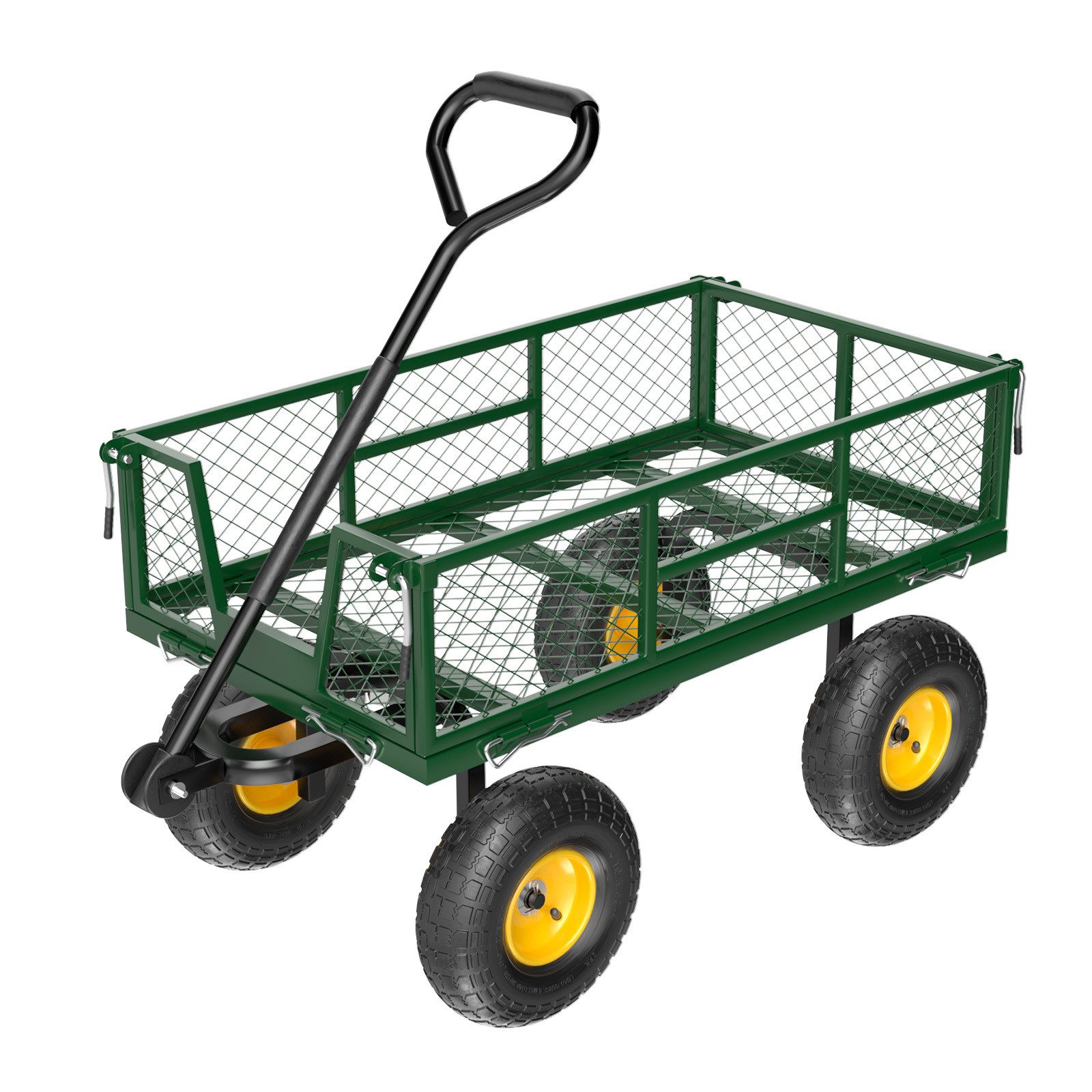 Bonnlo Bollerwagen Metall, bis 363KG,Abnehmbar und Drehbar, Grün, Gelb (1-tlg), 180° drehbaren Griff, abnehmbares Eisennetz, 25,4cm-Luftreifen