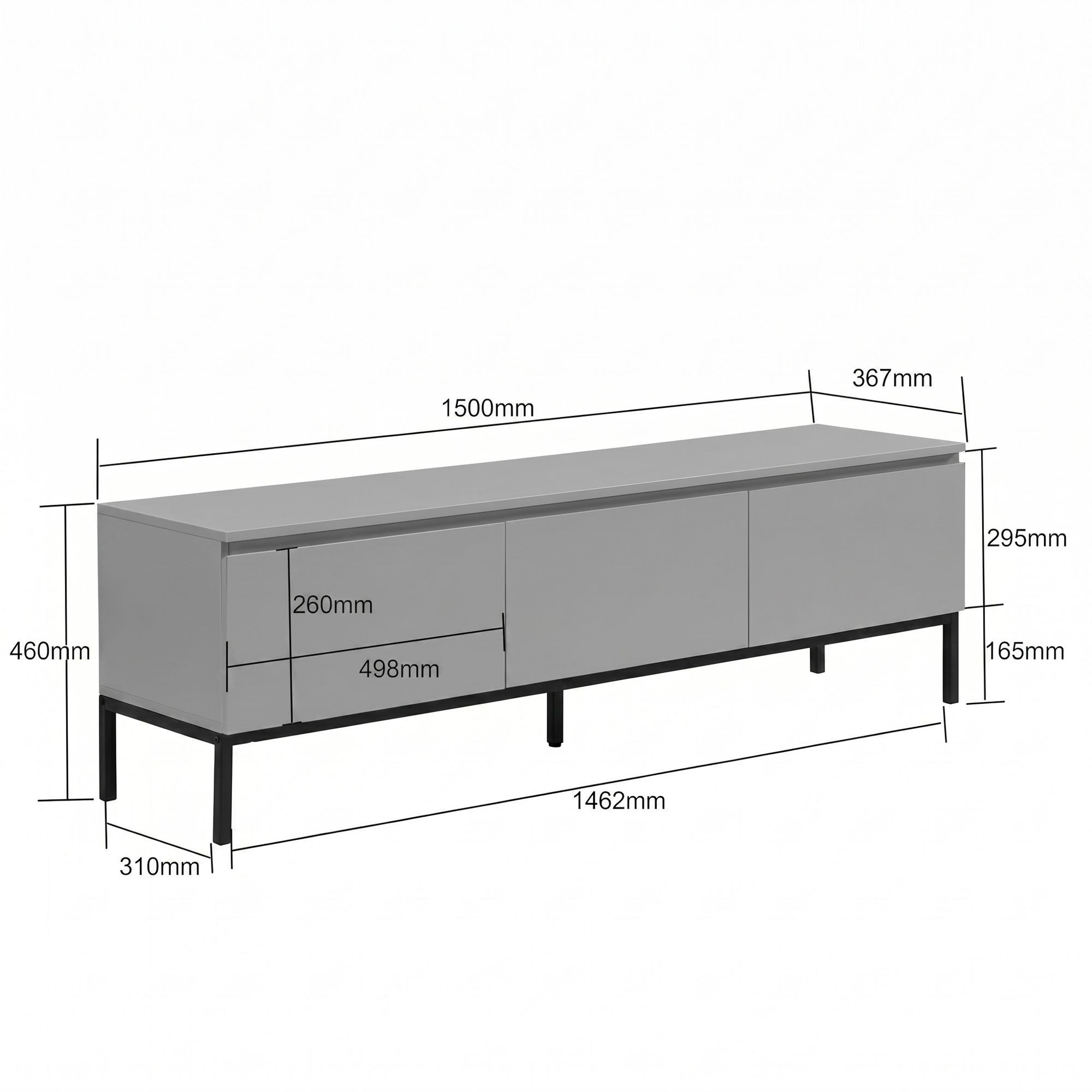 FINEBUY Lowboard FB117865 150cm TV Kommode Grau TV Schrank Fernsehtisch Fernsehschrank (Modernes TV-Board mit grifflosen Fronten), Drei geräumige Schubladen für reichlich Stauraum