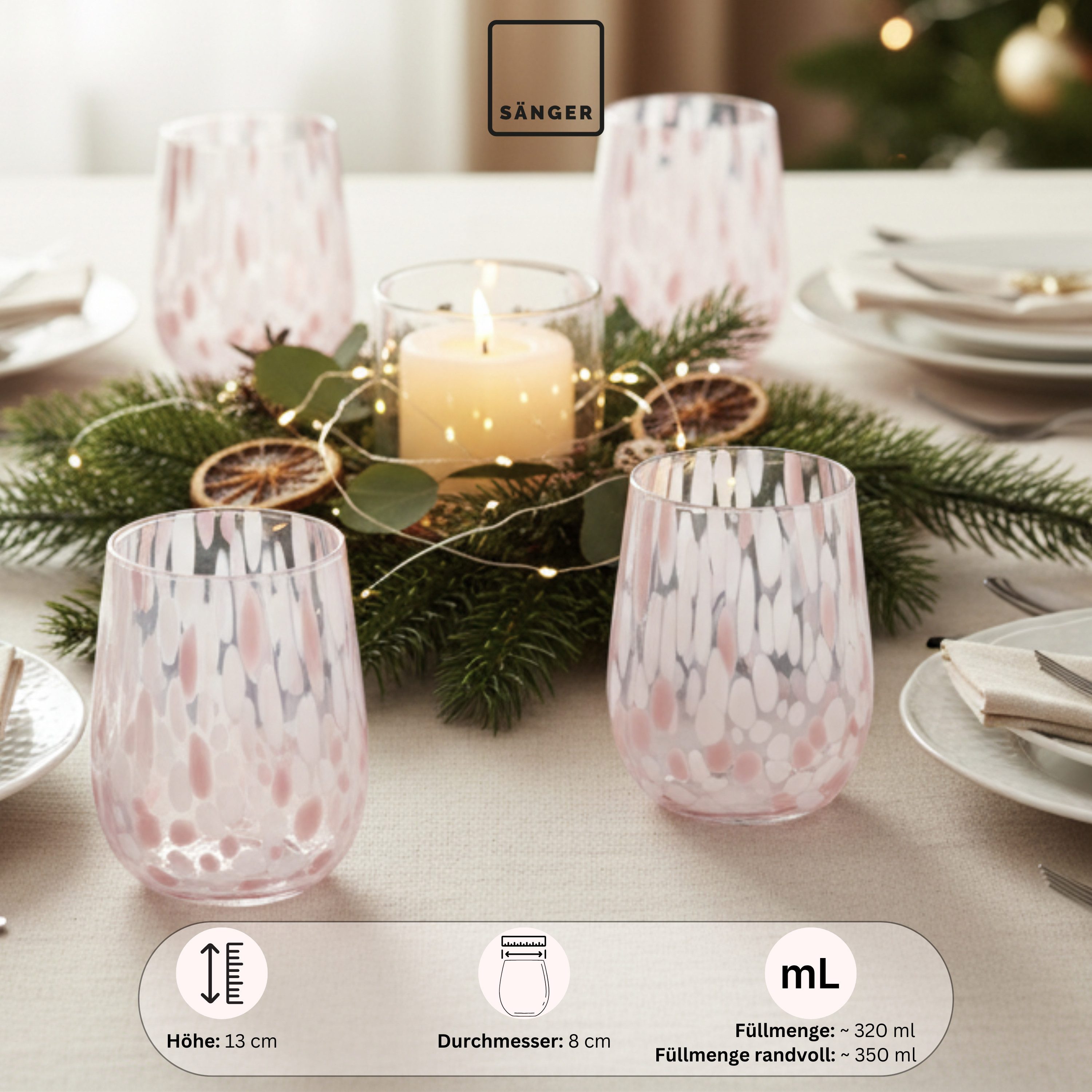 SÄNGER Gläser-Set Curacao, 4-tlg., Glas, 4x Trinkgläser Curacao mit Punkten, Füllmenge 320ml, Weiß Rosa