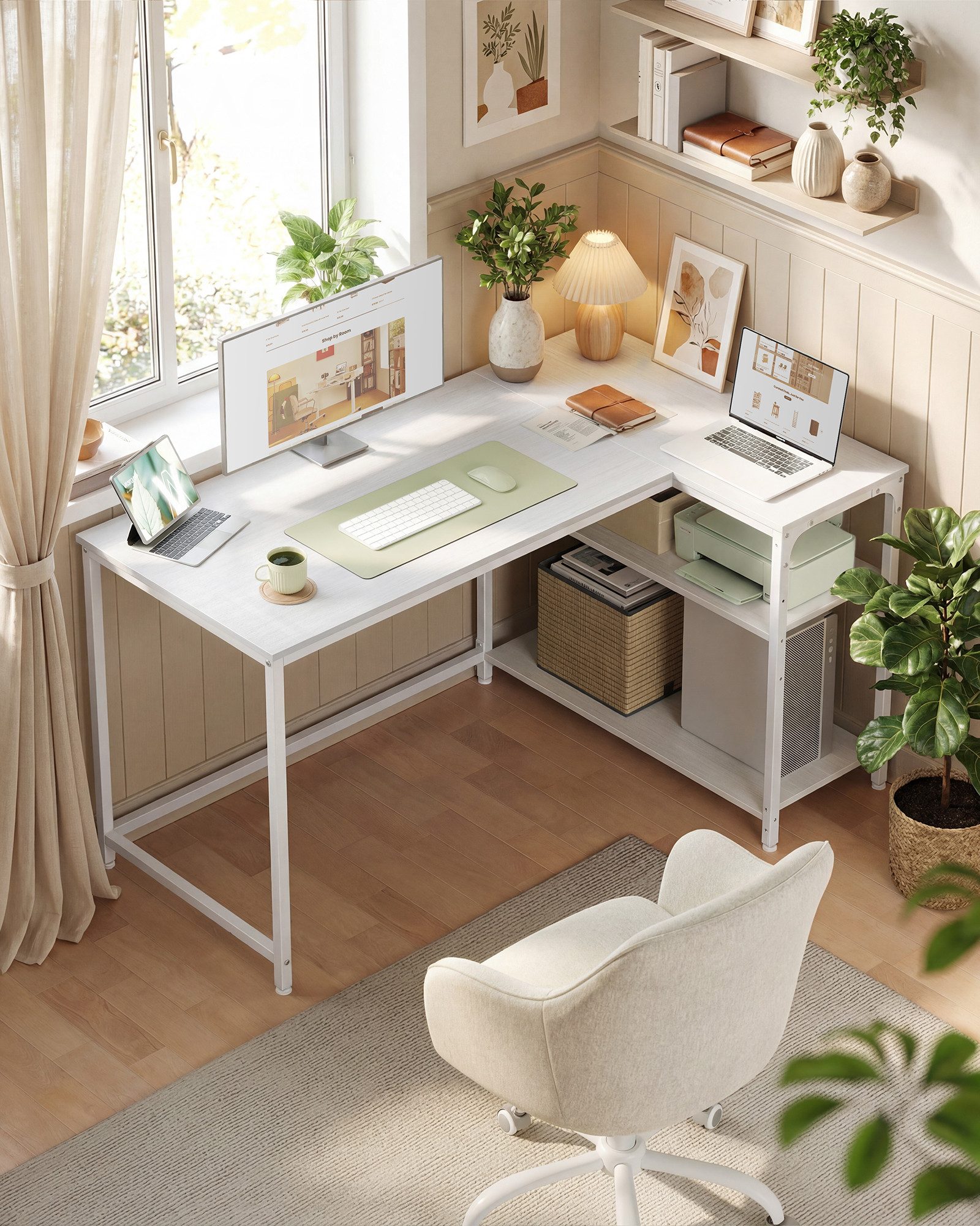 VASAGLE Schreibtisch Eckschreibtisch in L-Form, Computertisch mit Stauraum, Bürotisch, höhenverstellbare Ablage, für Homeoffice, 110/120 cm