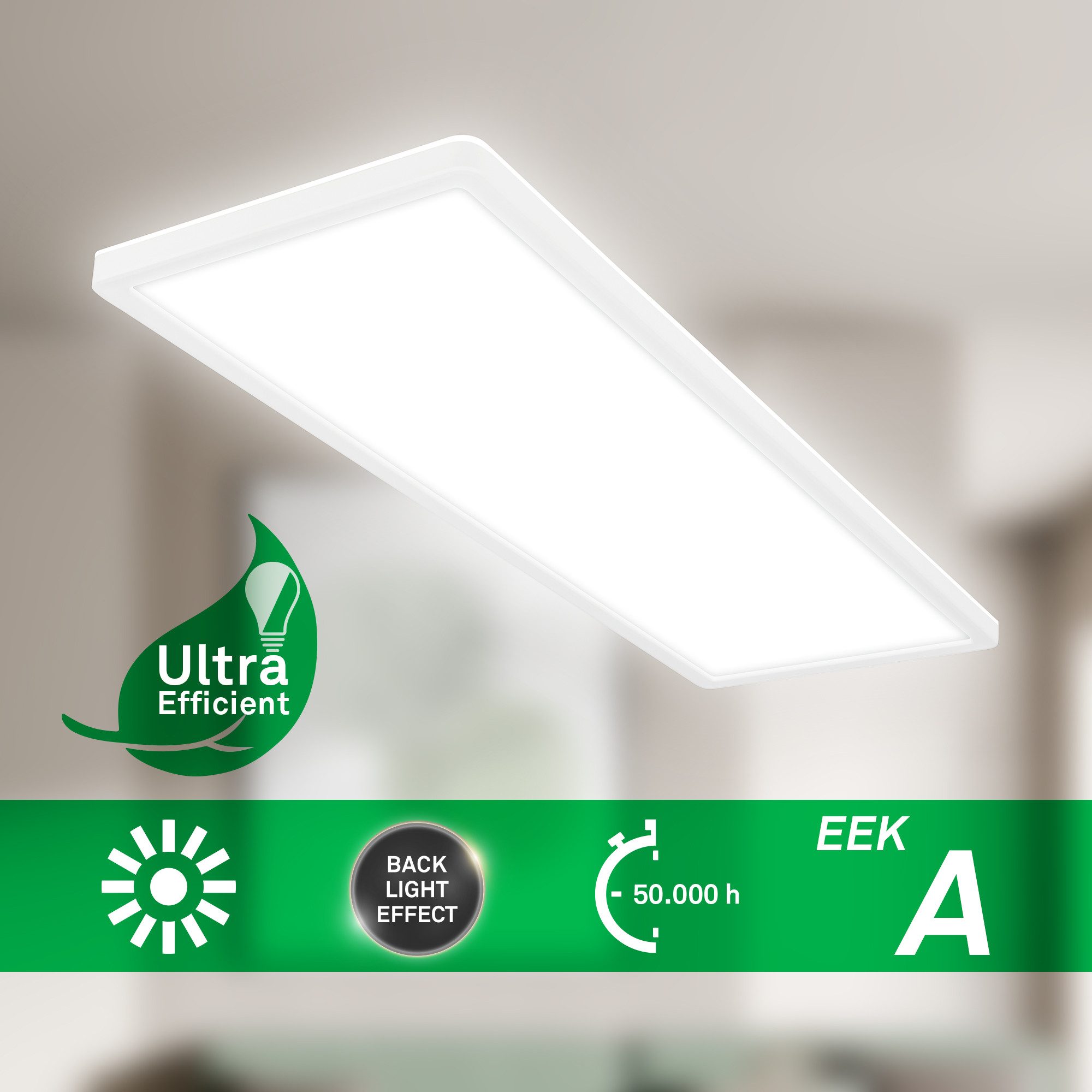 Briloner Leuchten LED Panel Deckenlampe ultraflach Energieeffizienz A Backlight-Effekt, LED fest integriert, LED wechselbar, 4000K, Verschiedene Ausführungen, Wohnzimmer Schlafzimmer Küche