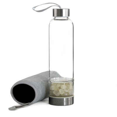 Intirilife Trinkflasche, Trinkflasche Wasserflasche mit Heilsteinen mit grauer Tasche - Citrin