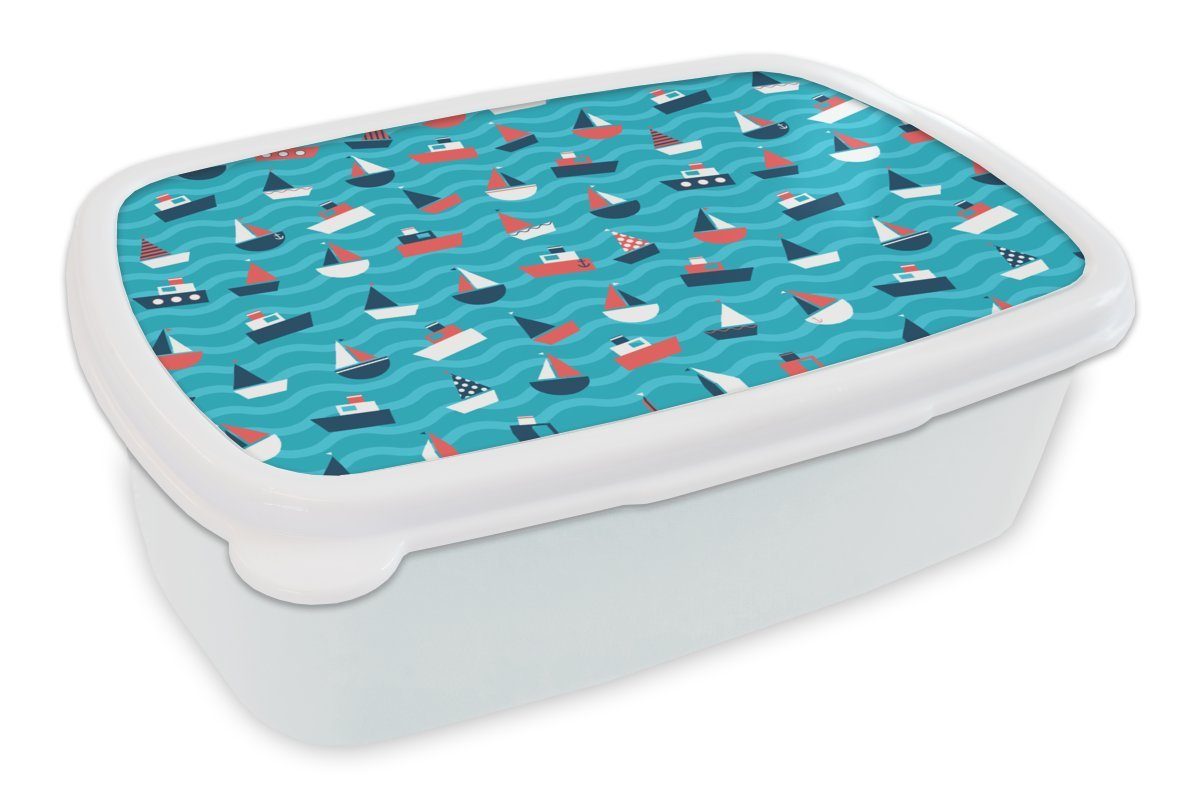 MuchoWow Lunchbox Boote - Meer - Muster, Kunststoff, (2-tlg), Brotbox für Kinder und Erwachsene, Brotdose, für Jungs und Mädchen weiß