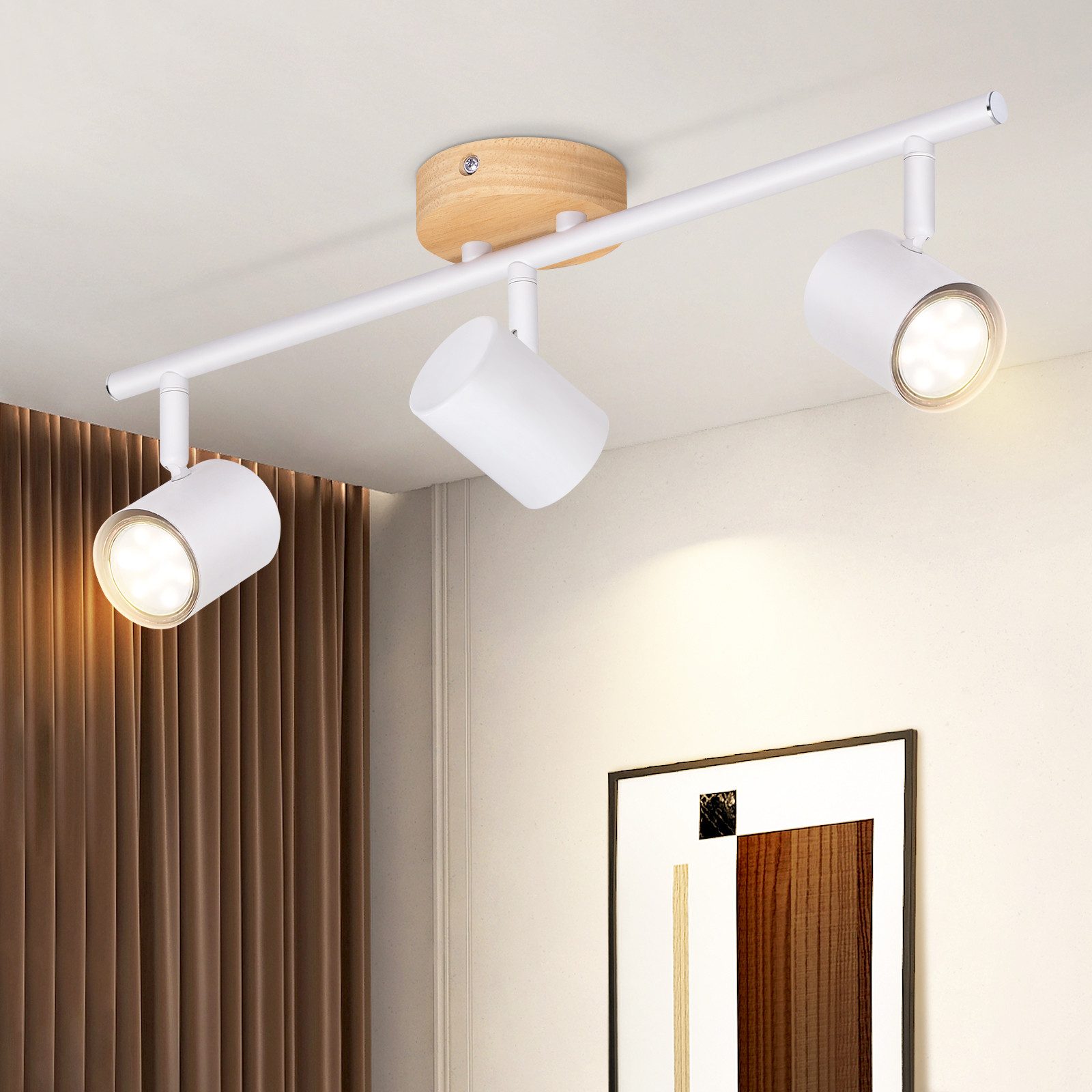 ZMH Deckenstrahler 3 Flammig Deckenlampe - Holz GU10 Strahler für Wohnzimmer, ohne Leuchtmittel