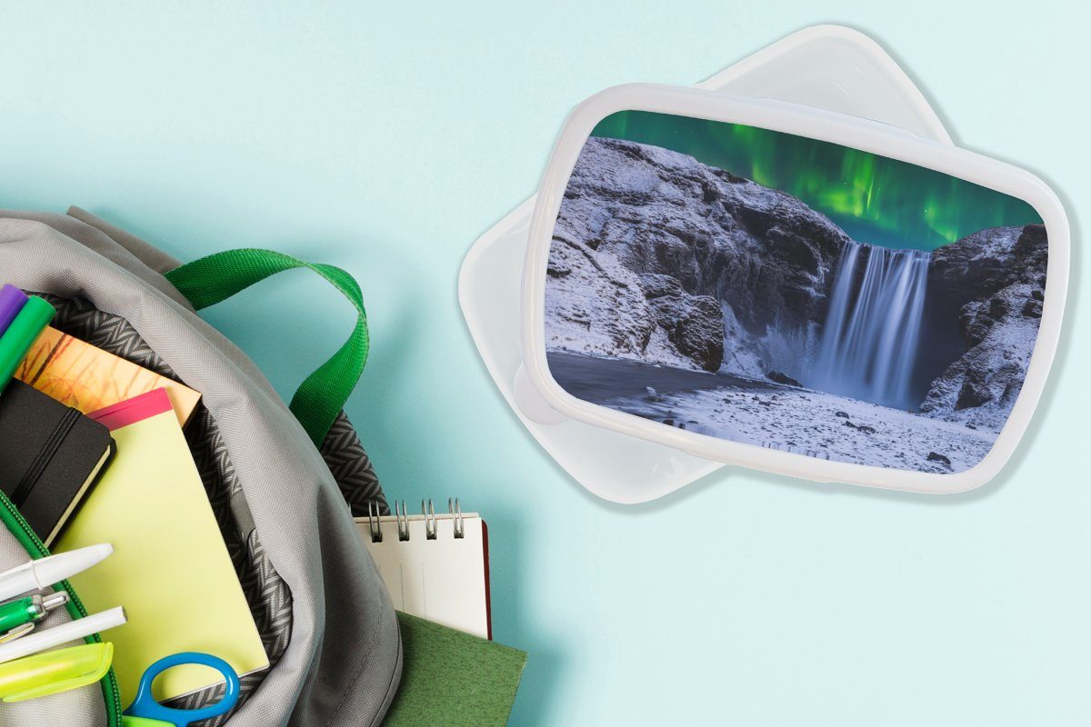 Brotdose, Nordlichter weiß Mädchen Lunchbox - - - Kinder Kunststoff, für und Erwachsene, Brotbox MuchoWow Schnee (2-tlg), Wasserfall für Island, und Jungs
