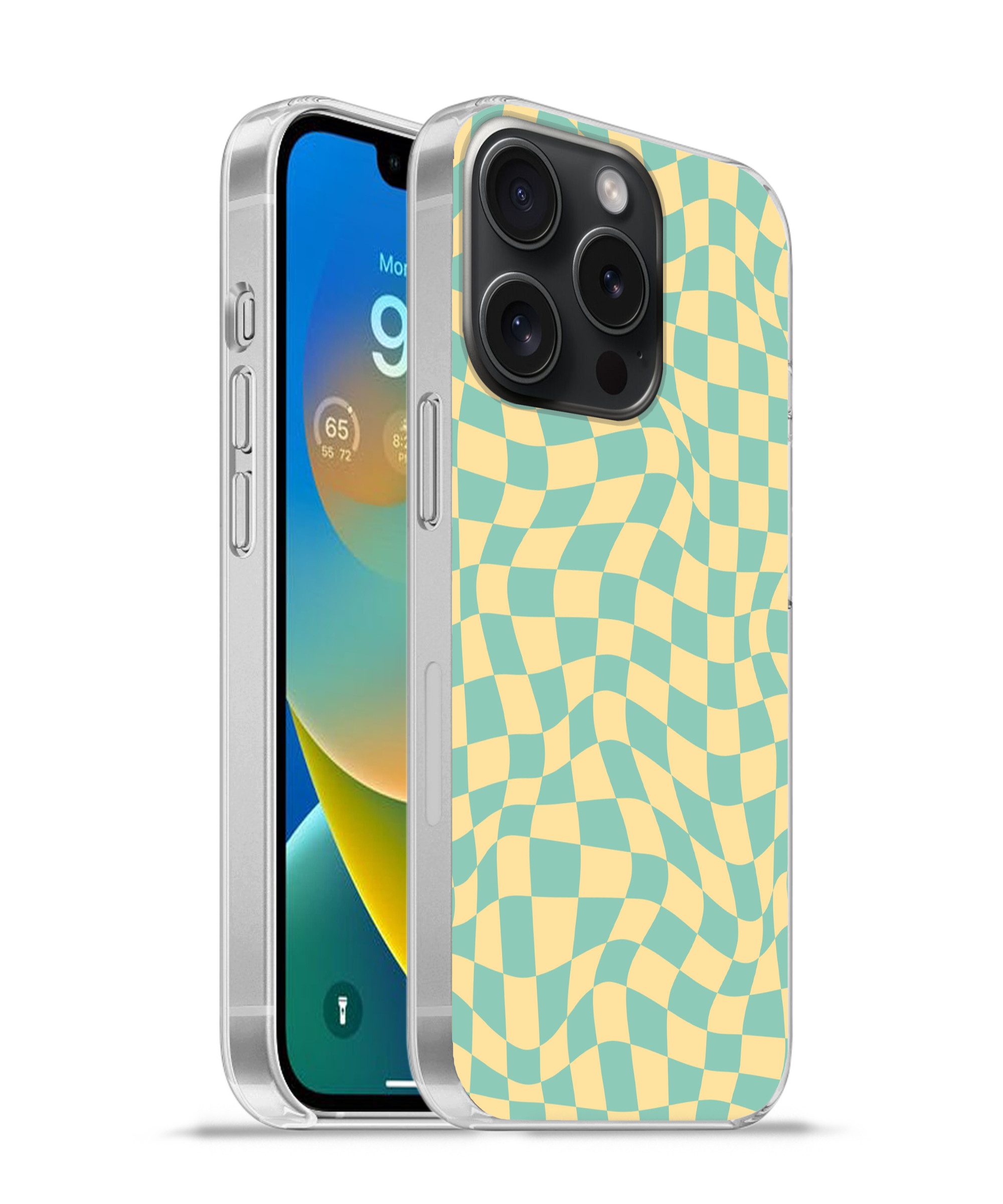 MuchoWow Handyhülle für Apple iPhone 15 Pro Quadratisches Muster - Gelb - Blau - Wellenlin, Smartphone-Bumper, Print, Handy Schutzhülle Dünn