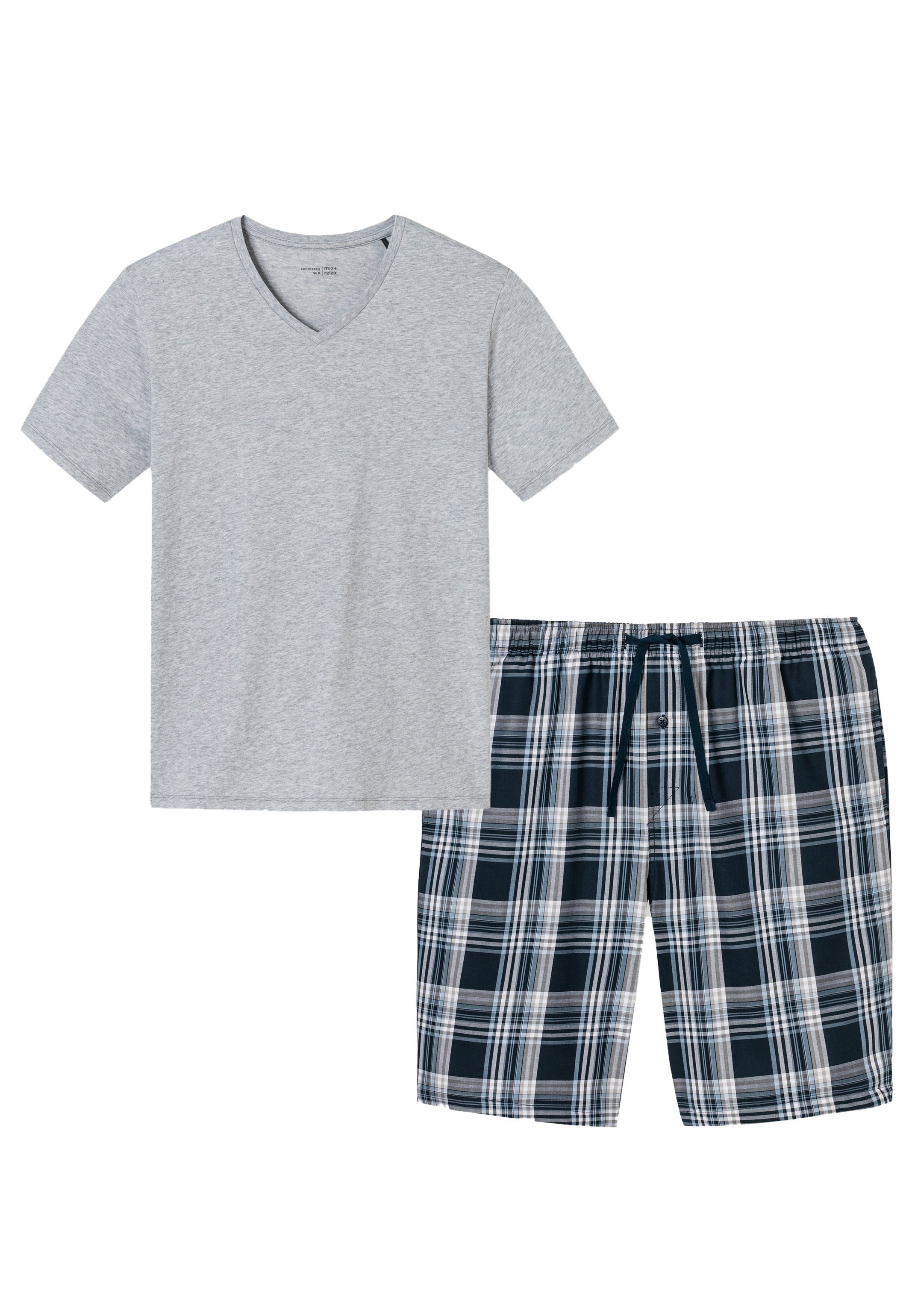 - Kurzarm-Shirt - Baumwolle 2 mit V-Ausschnitt Schlafanzug Mix Schiesser Pyjama (Set, tlg)