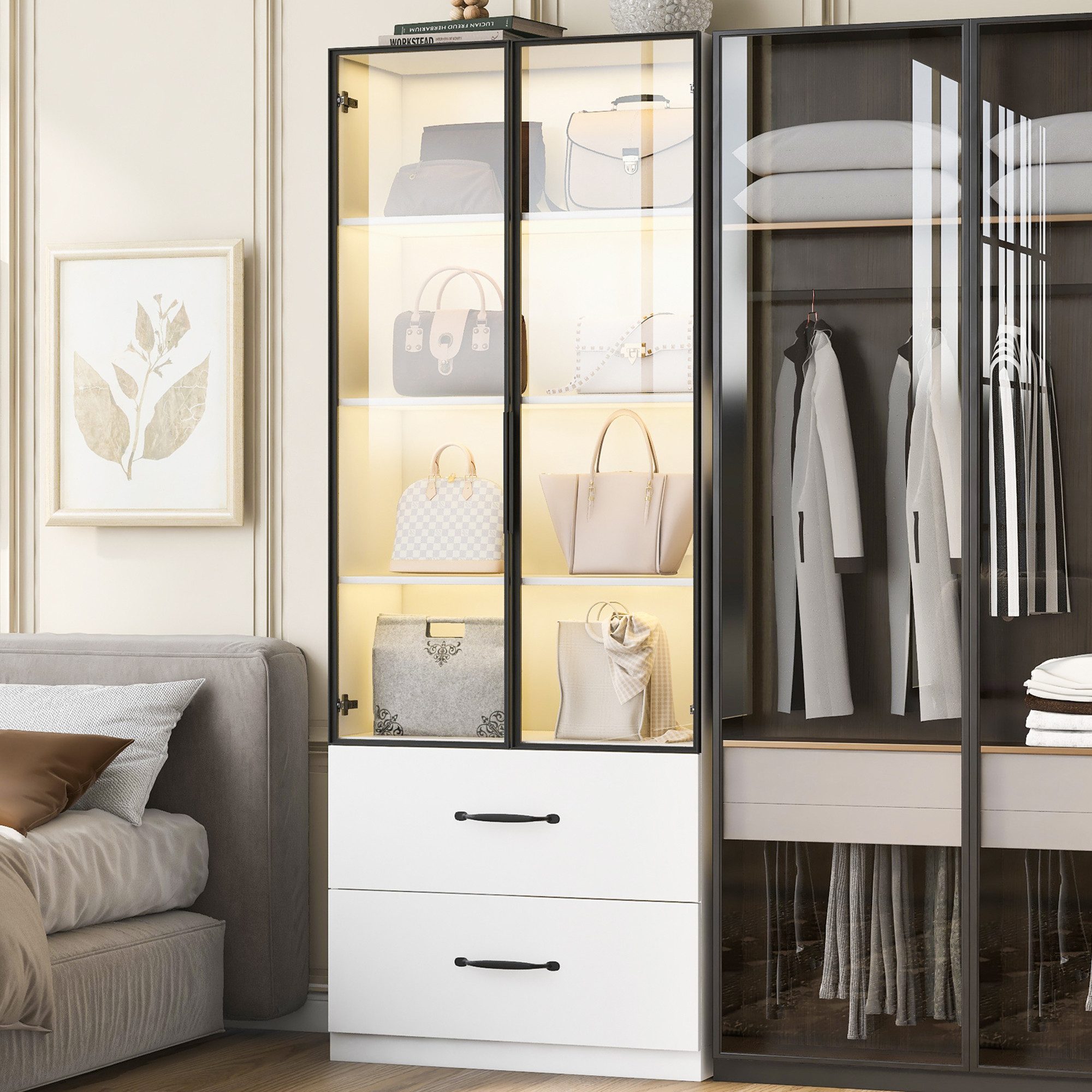 HAUSS SPOLE Vitrine mit Schubladen,Glasvitrine Bücherregal Vitrine mit LED&Aluminiumrahmen (Mehrzweckschrank mit Glas- und LED-Beleuchtungsdesign, 1-St., Zwei praktische Schubladen) für Wohnzimmer, Schlafzimmer, Küche oder Ankleidezimmer