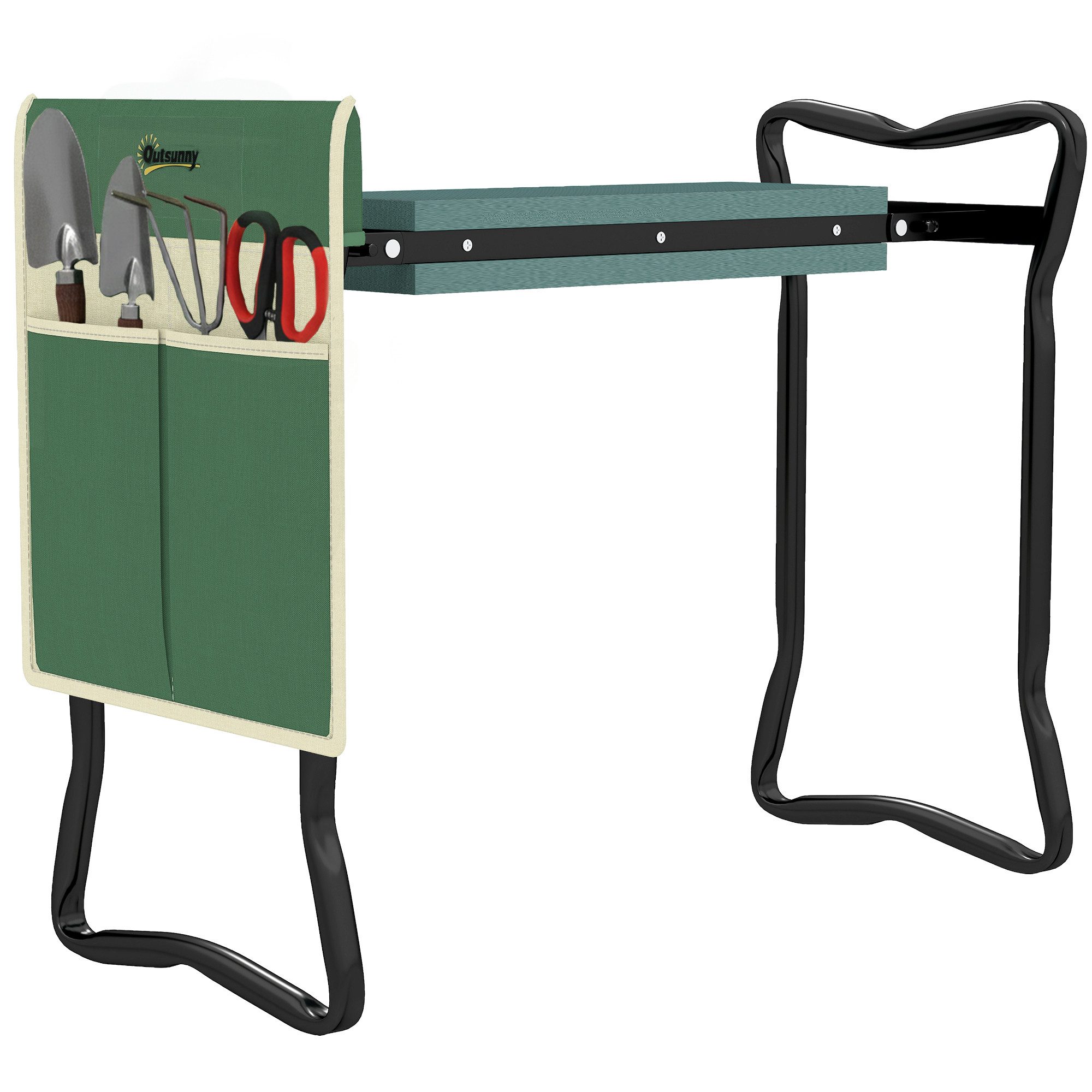 Outsunny Arbeitshocker 2-in-1 Kniehilfe, Klappbar, Werkzeugtasche, EVA-Schaumstoff (Gartenhocker, 1 St., Kniebank), für Garten, Balkon, Grün