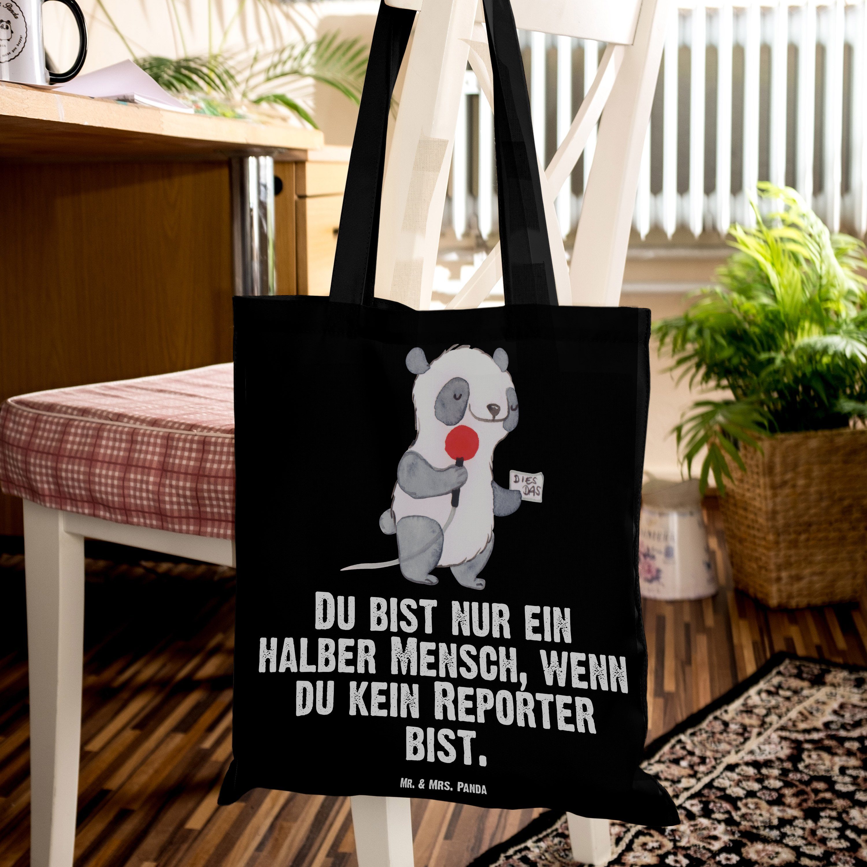 Panda Reporter mit Mr. - & Tragetasche Geschenk, Mrs. Jutebeu - (1-tlg) Schwarz Kollege, Mitarbeiter, Herz