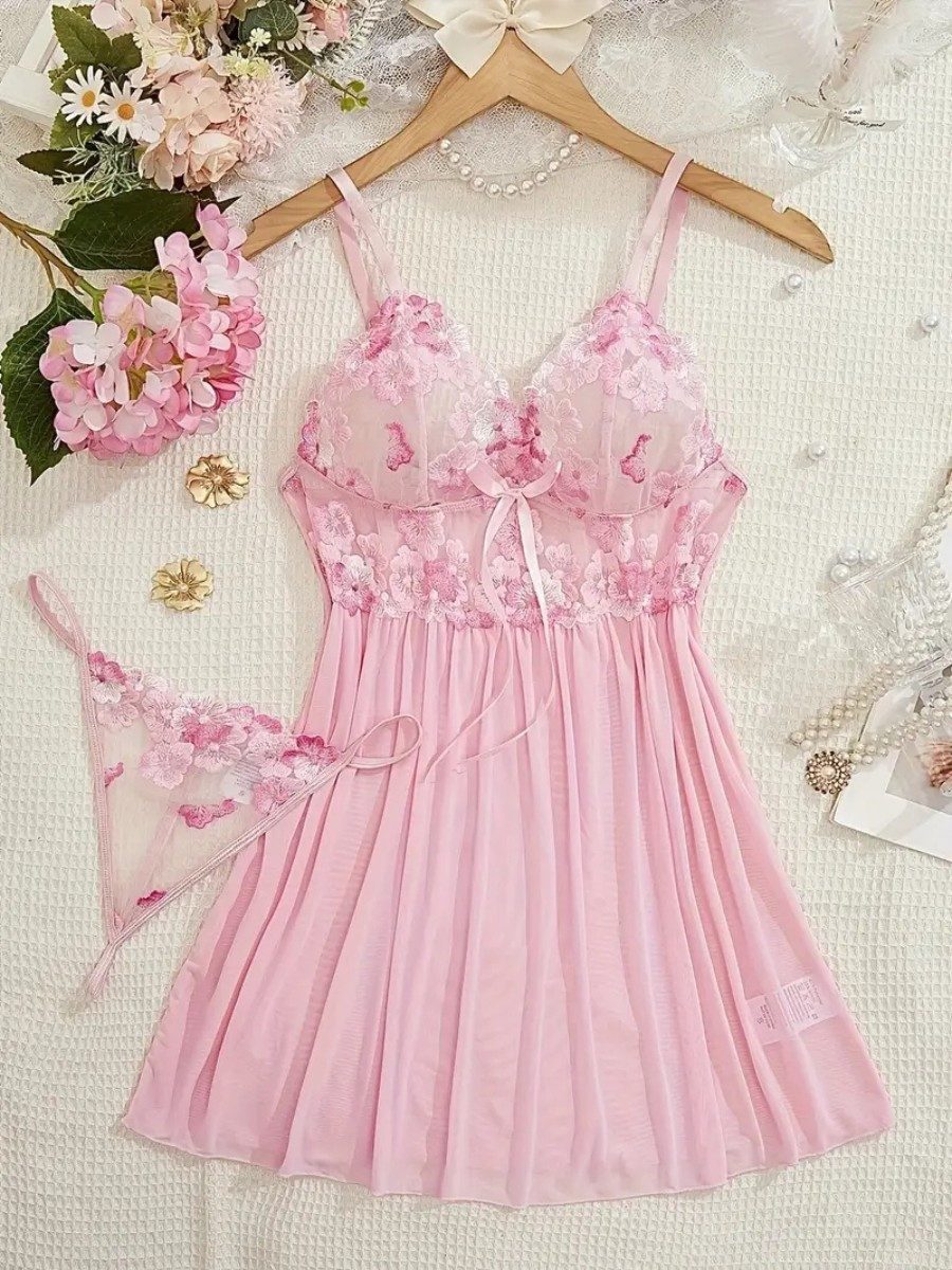 Elegant Love Negligé Reizwäsche-Set: Transparentes Schlafanzug & String als Nachtwäsche (Set, 2-tlg., Negligee + Tanga) Babydoll mit Blumenstickerei – perfekt für besondere Momente