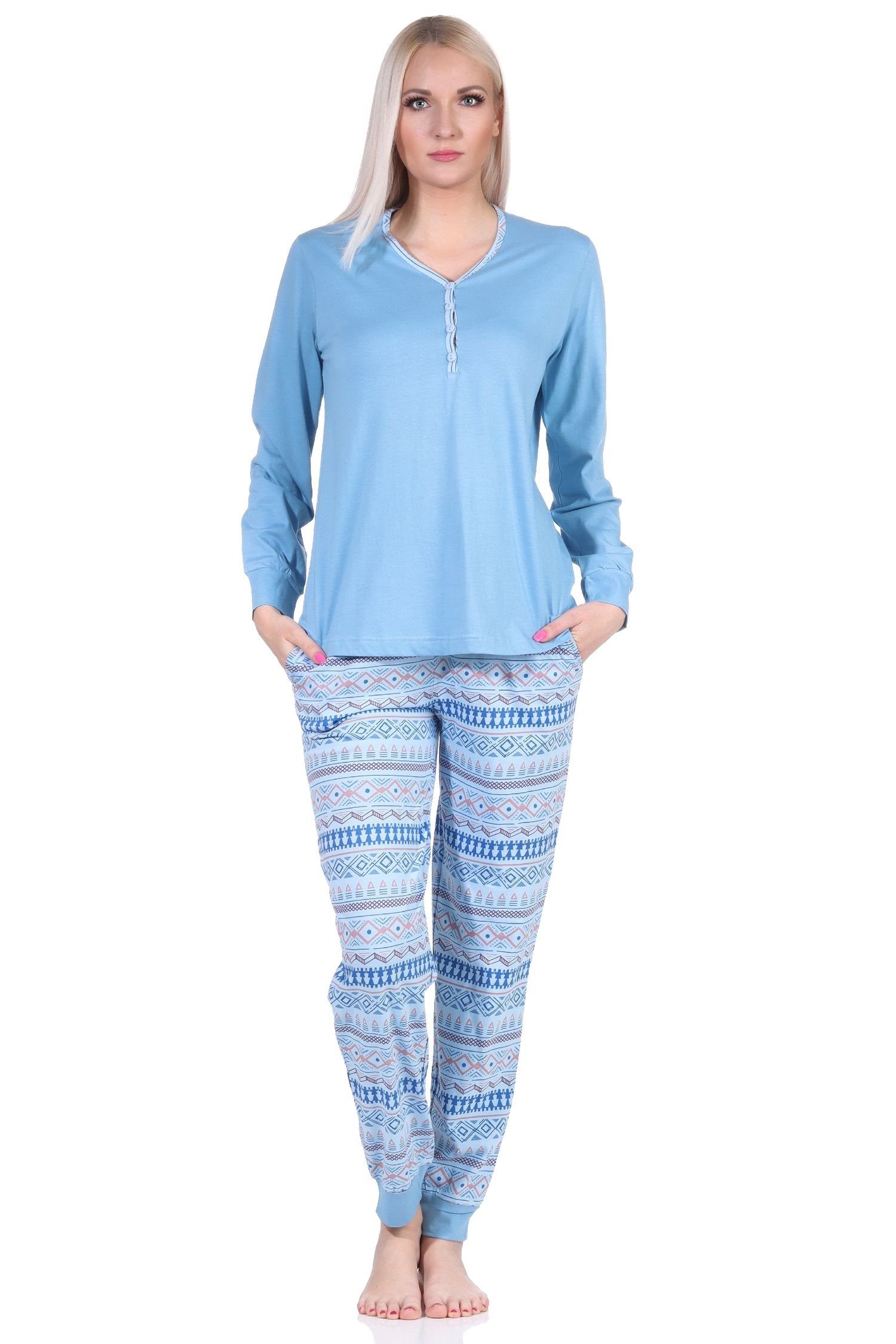 Normann Pyjama lang im Übergröße hellblau auch mit Bündchen Schlafanzug Ethnolook in - Damen