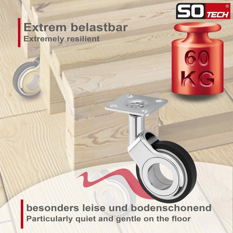 SO-TECH® Möbelrolle BERLIN Ø 60 mm chrom / schwarz Design Lenkrolle,  Tragkraft 60 kg pro Rolle ohne Bremse (Feststeller)