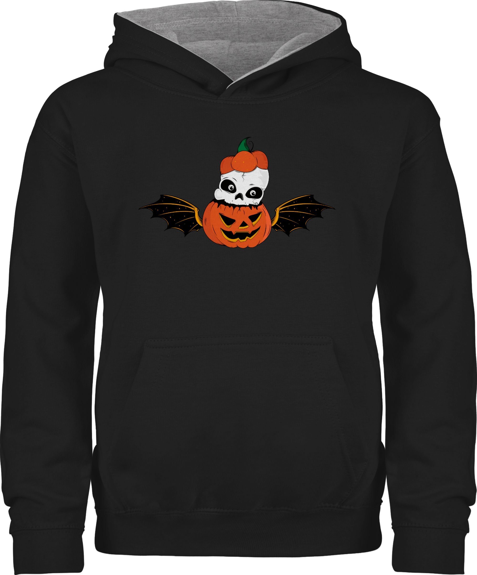 Shirtracer Hoodie Totenkopf Skelett Kürbis Fledermaus Kürbisgesicht Halloween Kostüme für Kinder 2 Schwarz/Grau meliert