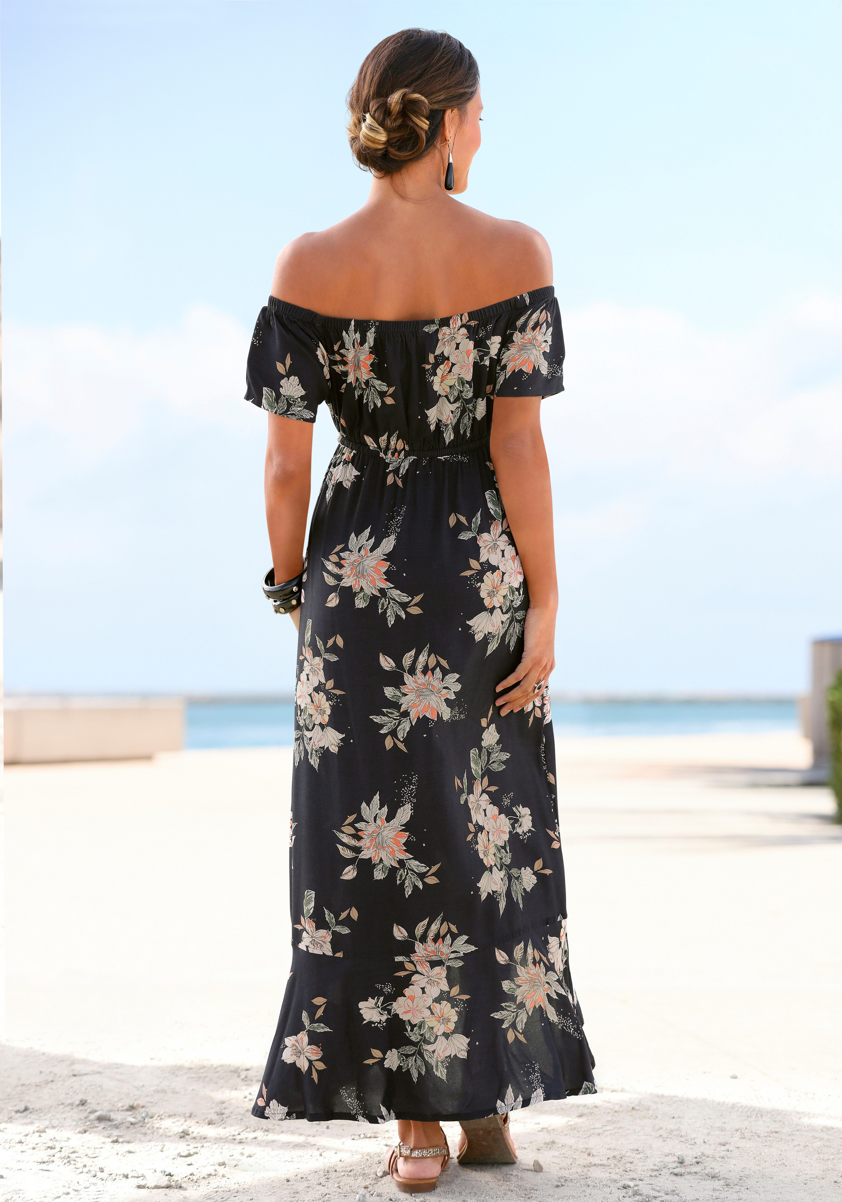 LASCANA Maxikleid im angesagten Vokuhila-Schnitt und Carmenausschnitt elegantes Sommerkleid aus Webware, leichtes Boho-Kleid, Festival