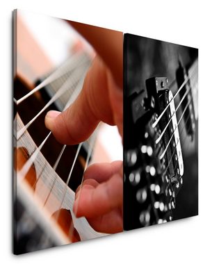 Sinus Art Leinwandbild 2 Bilder je 60x90cm Live Musik Gitarre Gitarrist Musiker Gitarrensaiten Hände Schwaz Weiß