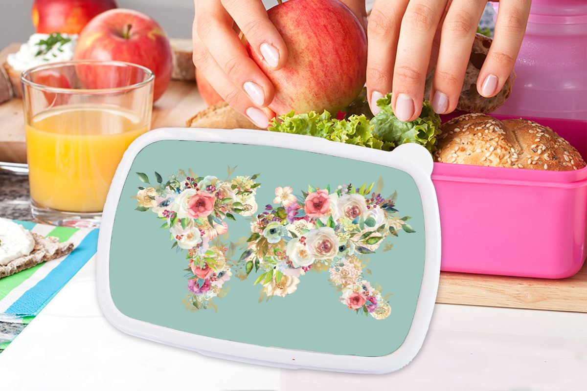 Erwachsene, MuchoWow Brotdose Karte - Welt Lunchbox Kunststoff, Pflanzen, Blumen Snackbox, Kinder, Kunststoff für rosa Brotbox Mädchen, - (2-tlg), -