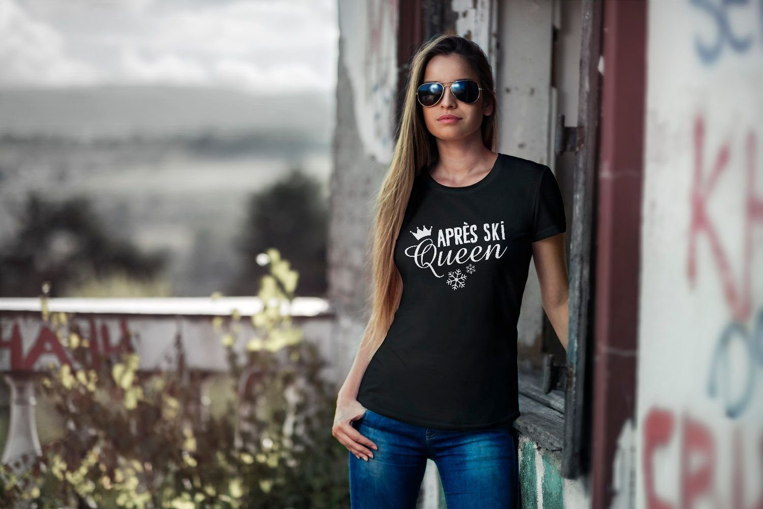 MoonWorks Print-Shirt Damen T-Shirt Après Ski Queen Skiurlaub Hüttengaudi Ski-Party lustig Slim Fit Moonworks® mit Print