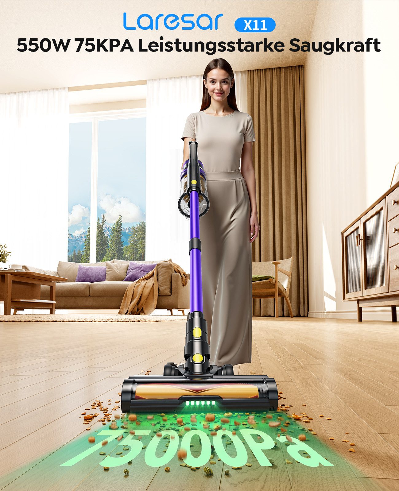 Laresar Akku-Hand-und Stielstaubsauger X11 Akku Staubsauger, 700 W, 88.000 Pa Saugkraft, 60 Minuten Laufzeit, 700 W, mit Grüne Laser, Stabstaubsauger für Hartböden Teppiche Tierhaare