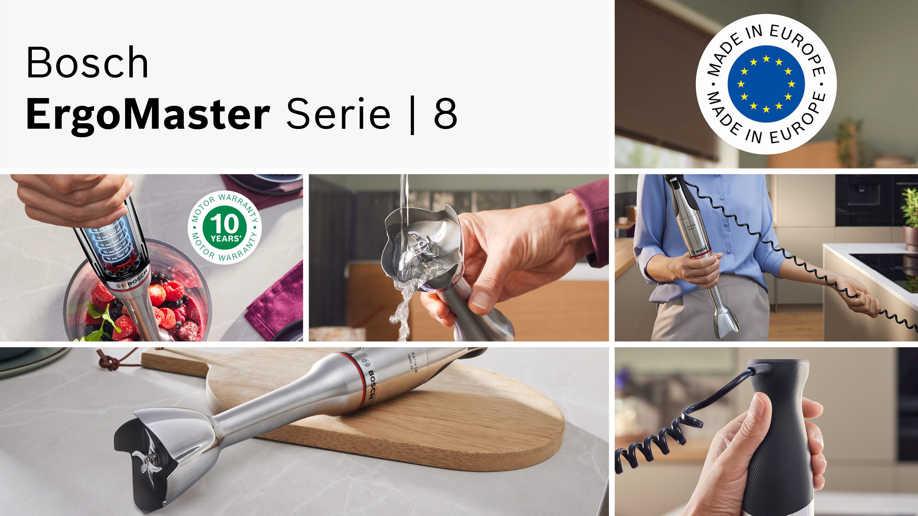 BOSCH Stabmixer ErgoMaster Serie 8, MSM8M914, Doppelschneebesen, Spiralkabel, Becher, 1500 W, 6 Klingen Edelstahl, Keramikkupplung, luftgekühlter Motor