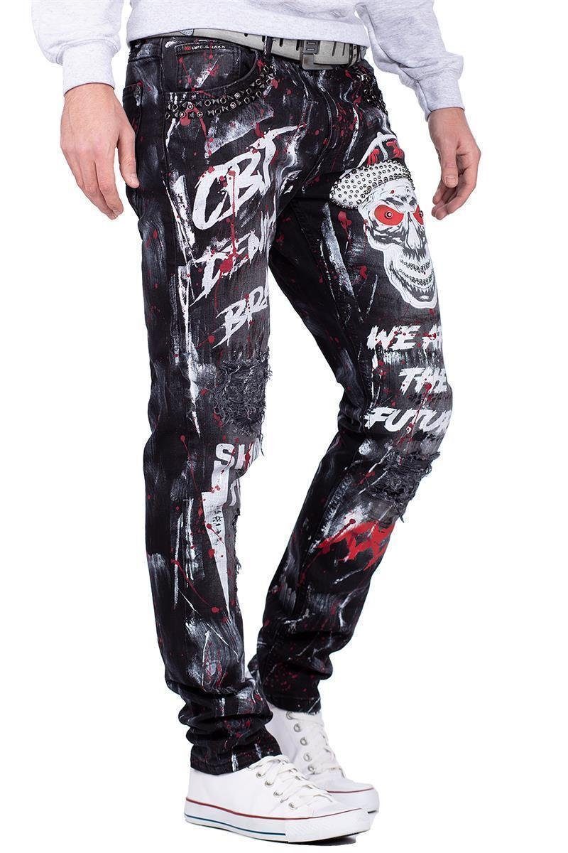 Cipo & Baxx 5-Pocket-Jeans Herren straight fit Hose Denim BA-CD700 (1-tlg) mit Nieten, Graffitis, Totenkopf-Verzierung