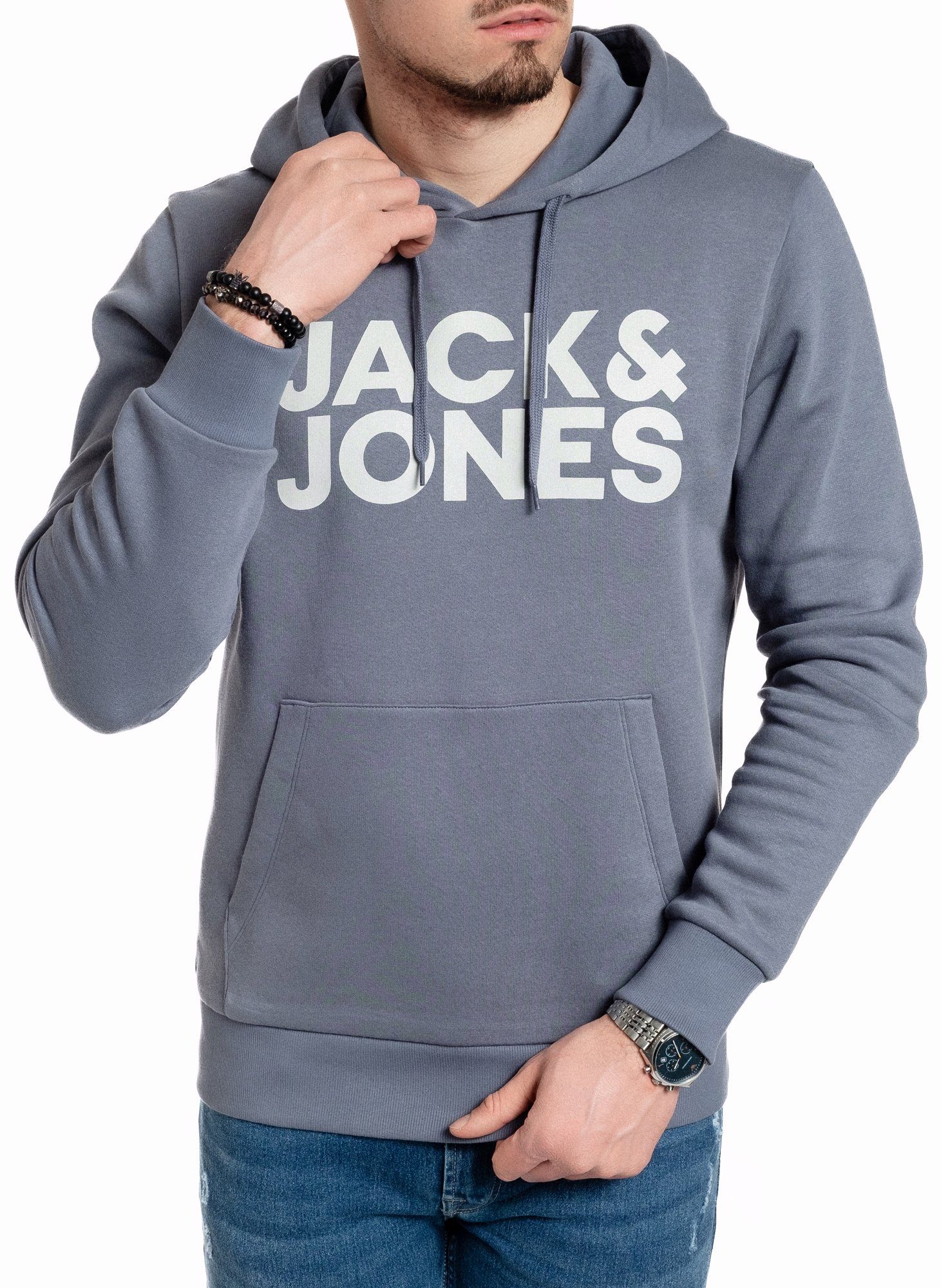 Kapuzensweatshirt mit Jack Kängurutasche Chinablue-White Jones &