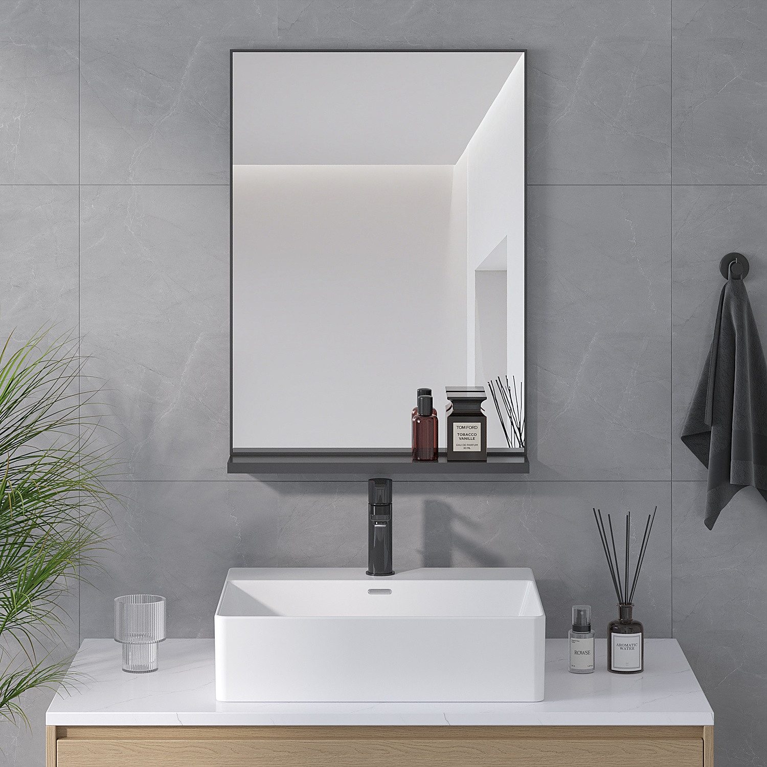 AQUABATOS Badspiegel Wandspiegel mit Ablage Badezimmer Spiegel Bad Hängespiegel Schwarz, Badspiegel mit Aluminiumrahmen ohne Beleuchtung rechteckig Dekospiegel – Bild 2 von 5