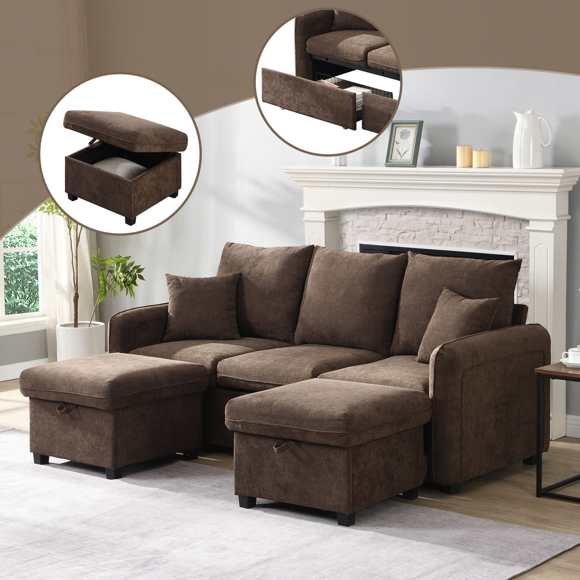 MODFU Ecksofa 3-Sitzer Sofa mit Stauraum, günstig online kaufen