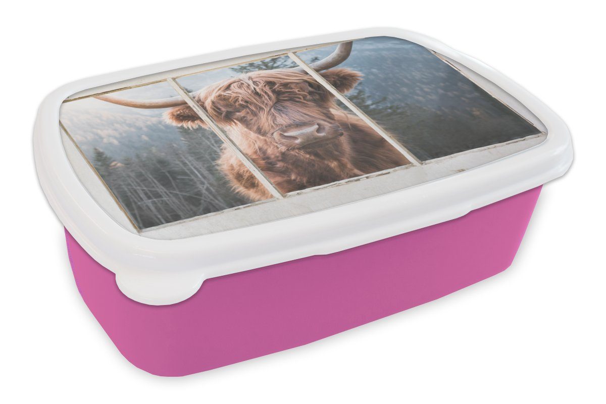 MuchoWow Lunchbox Highlander - Berg - Aussicht, Kunststoff, (2-tlg), Brotbox für Erwachsene, Brotdose Kinder, Snackbox, Mädchen, Kunststoff rosa