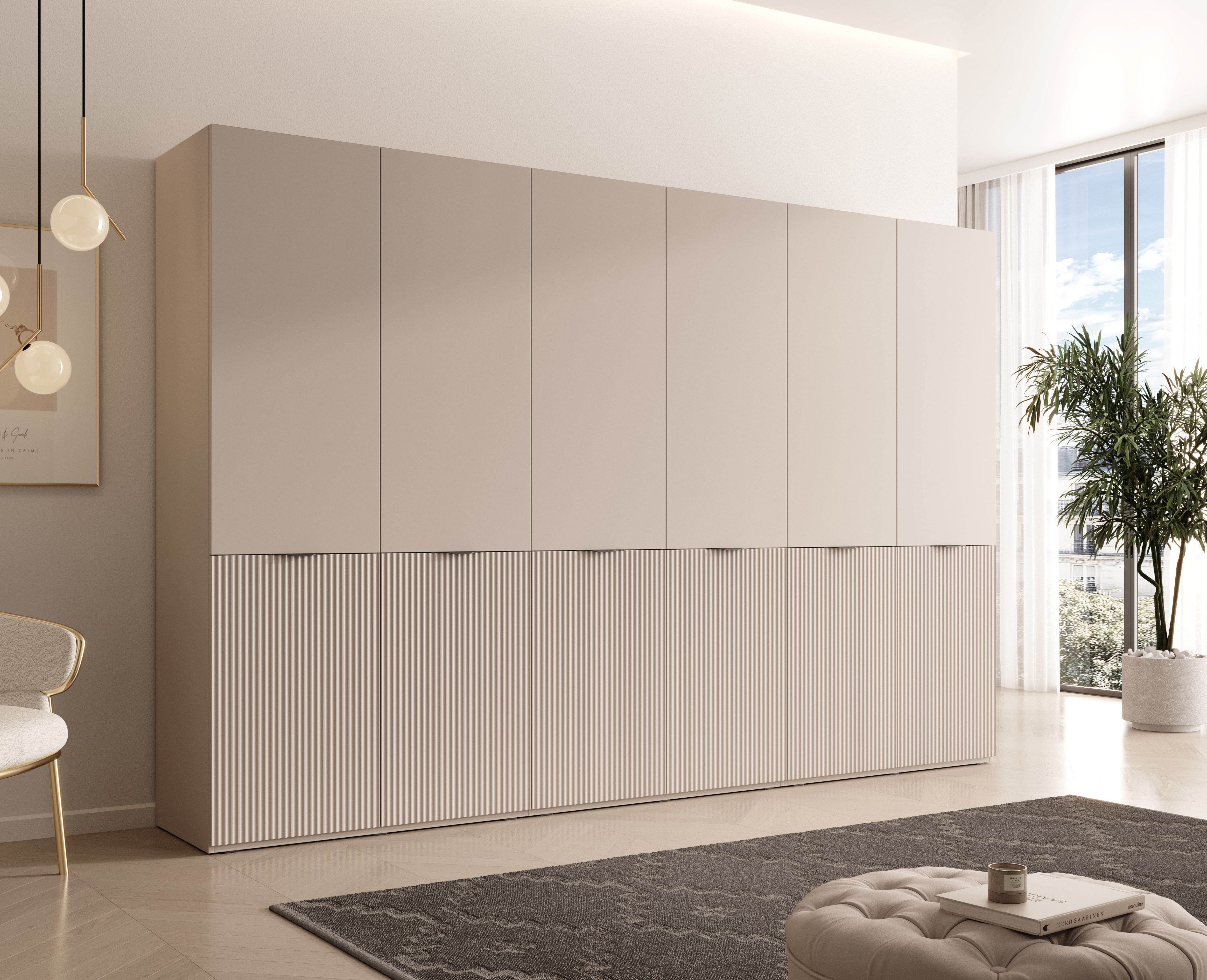 MOEBLO Drehtürenschrank MINEWRA NOVA (300 cm Kleiderschrank 6 türig Schrank Garderobe, Schlafzimmer, Drehtürenschrank, Falttürenschrank, Schrank mit Einlegeböden und Kleiderstange, Kaschmir) (BxHxT):101/202x200x49 cm